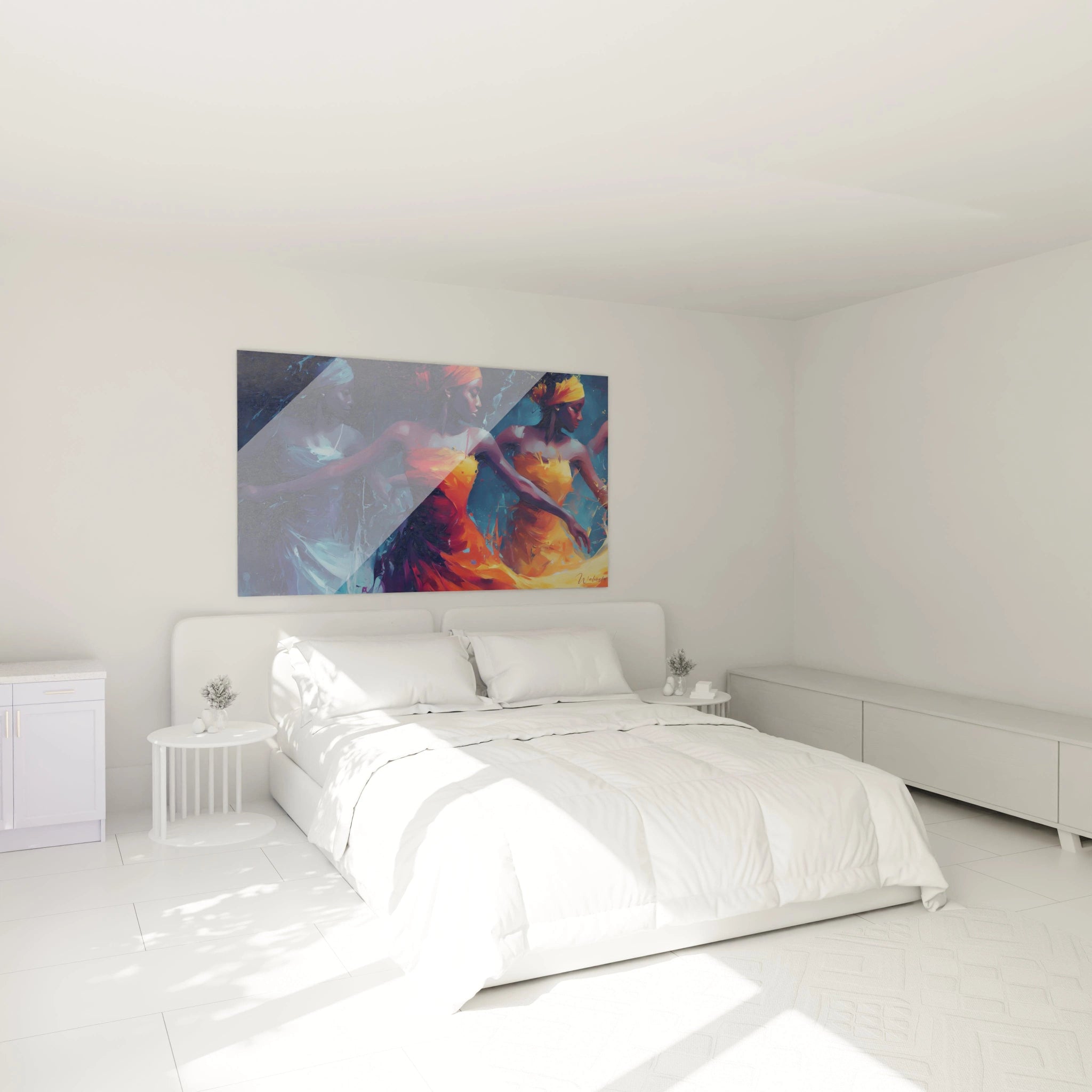 Tableau mural danse africaine moderne de Walensky dans une chambre lumineuse avec un lit blanc