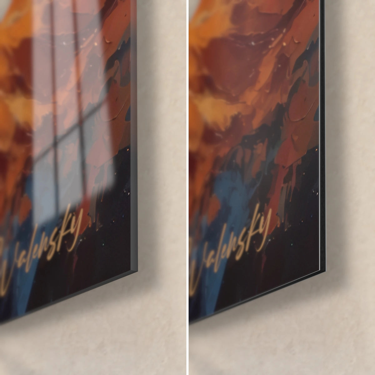 Gemälde Tänzerinnen in bernsteinfarbenen und purpurnen Kleidern, untere rechte Ecke: glänzendes Acrylglas, das das Fenster spiegelt, mattes Dibond, 3 mm Kante