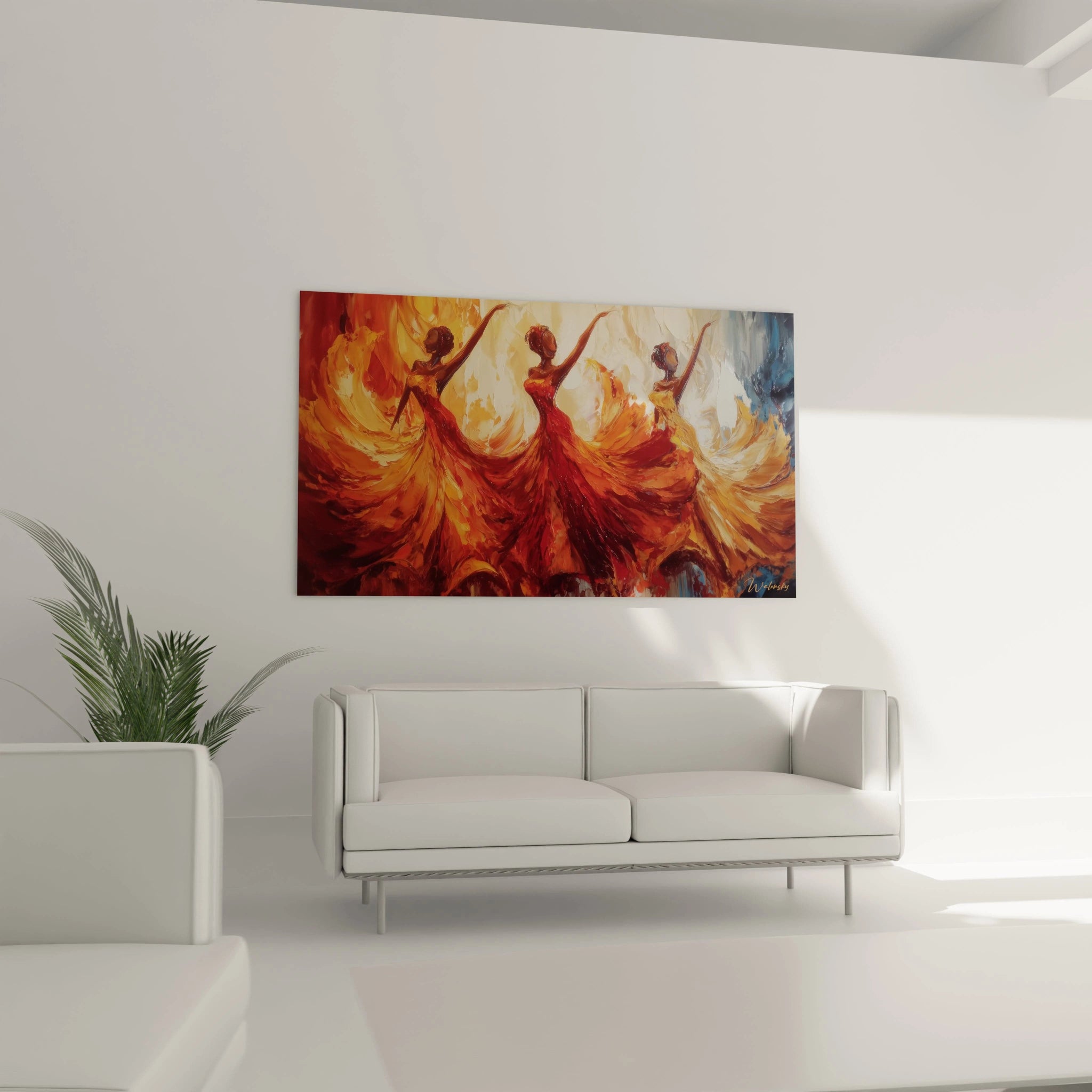 Tableau danse africaine moderne avec des ballerines en robes orange et jaunes sur un mur blanc