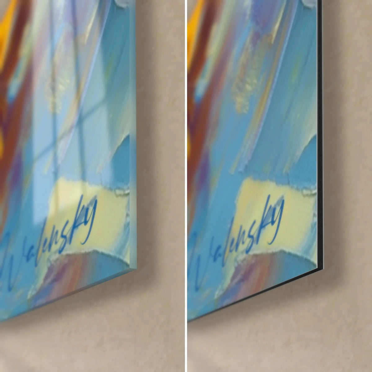 Schilderij danseressen in hemelsblauwe en gele jurken, rechtsonder, handtekening Walensky, glanzend glas en mat Dibond, dikte 3 mm