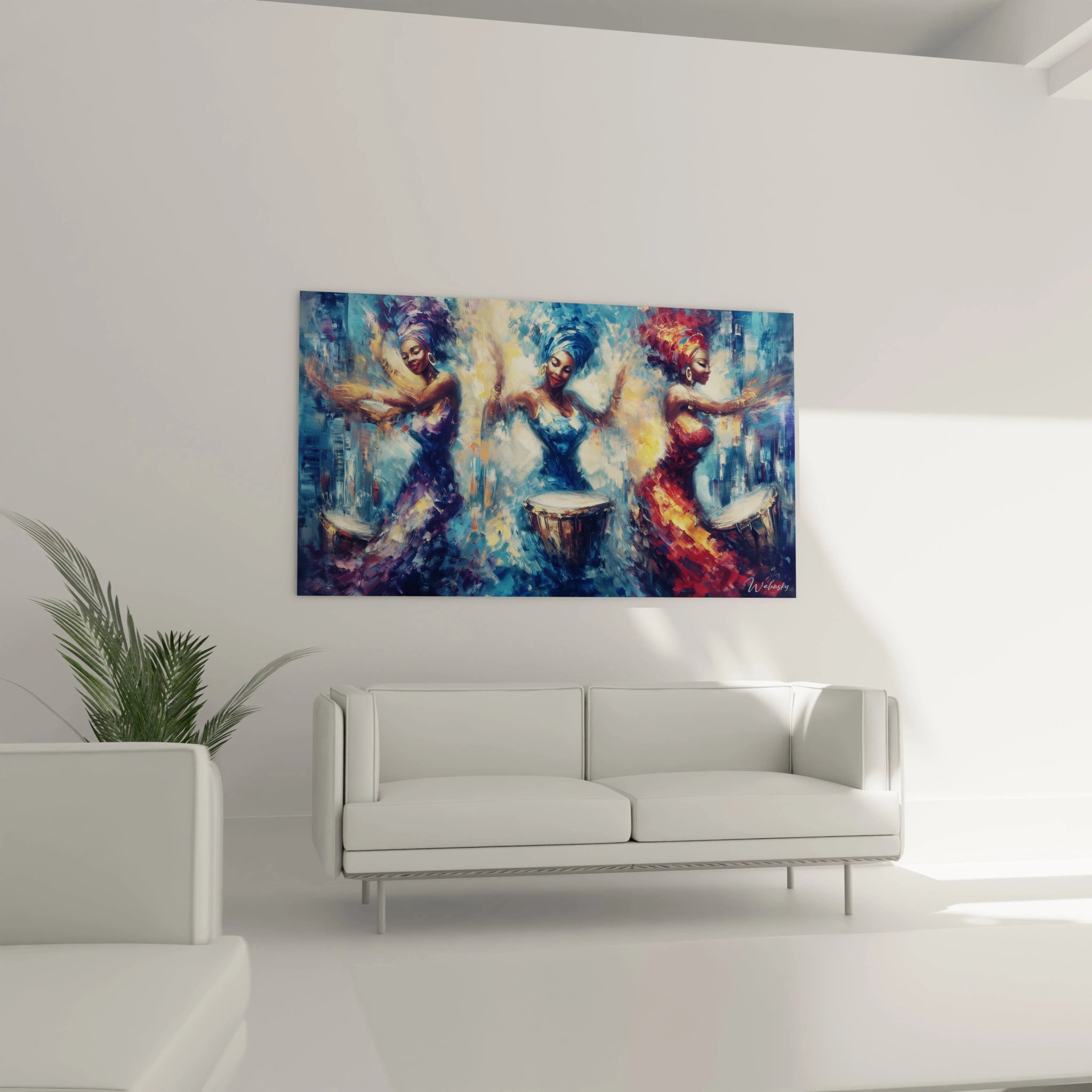 Tableau danse africaine moderne de Walensky, vibrant avec des danseuses colorées sur fond abstrait
