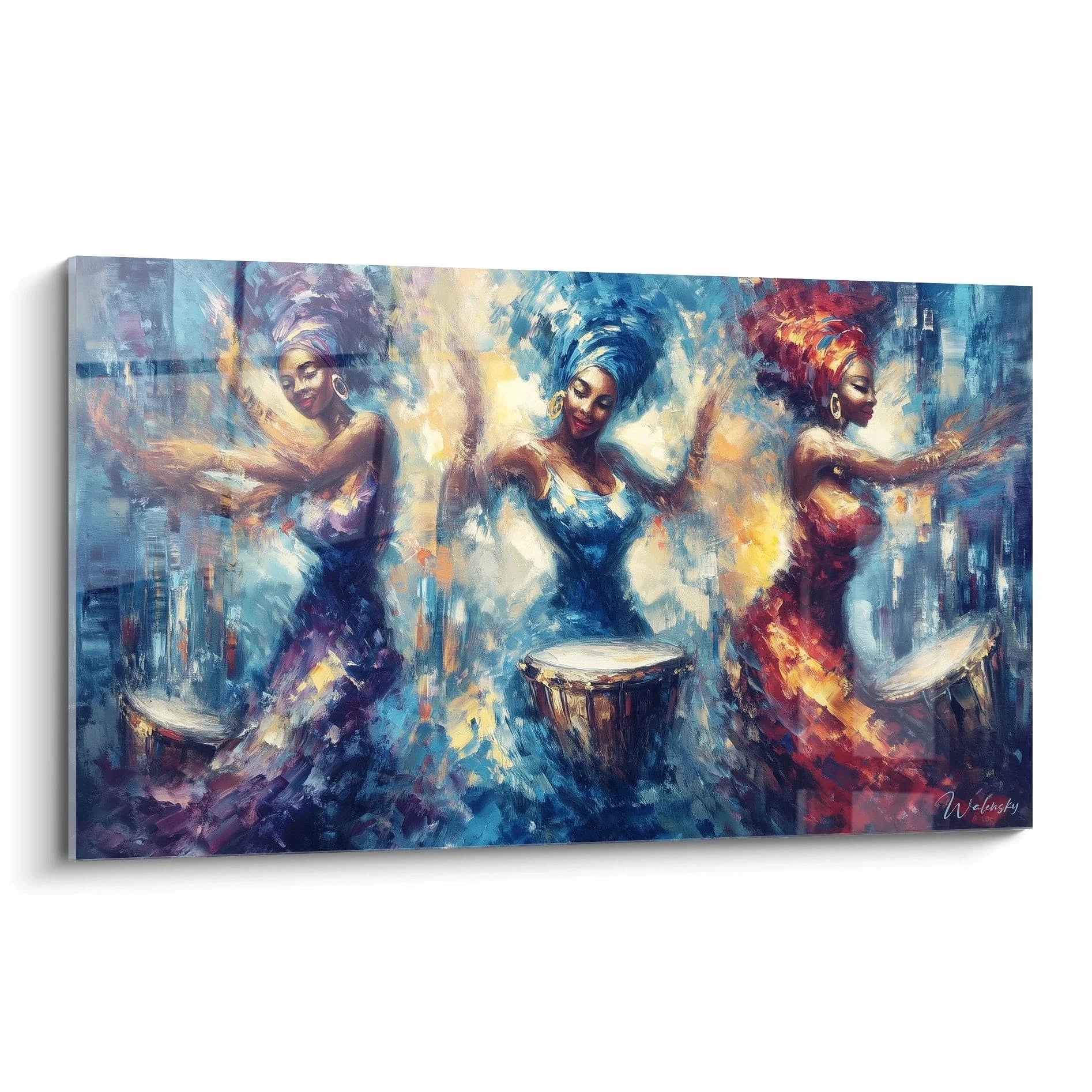 Tableau danse africaine moderne avec trois femmes dansant et jouant du tambour en couleurs vives