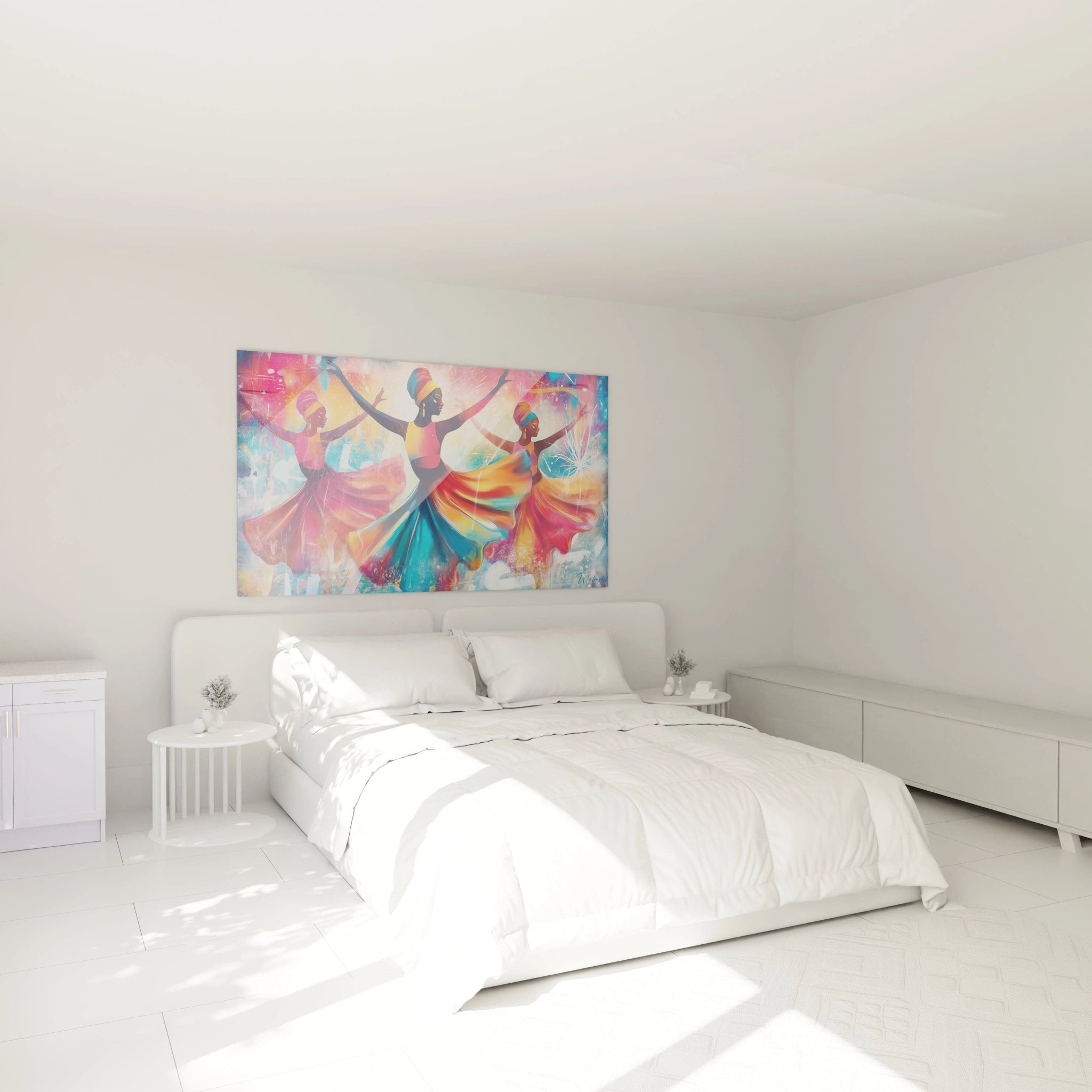 Tableau danse africaine coloré dans une chambre moderne avec un lit blanc et une décoration minimaliste