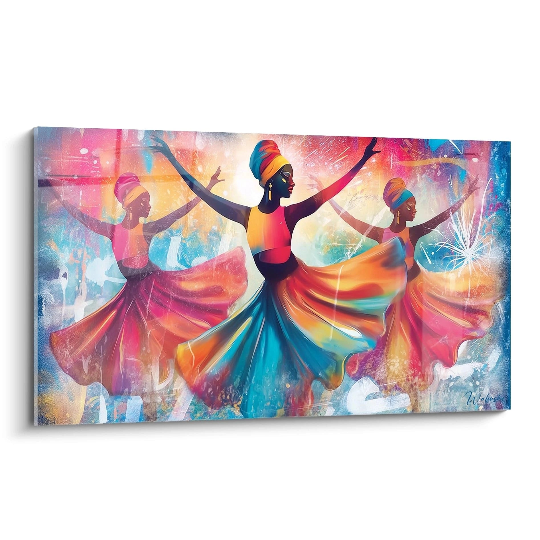tableau danse africaine Walensky peinture murale colorée trois danseuses robes fluides décoration salon