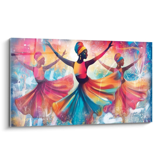 quadro danza africana Walensky pittura murale colorata tre ballerine abiti fluidi decorazione soggiorno