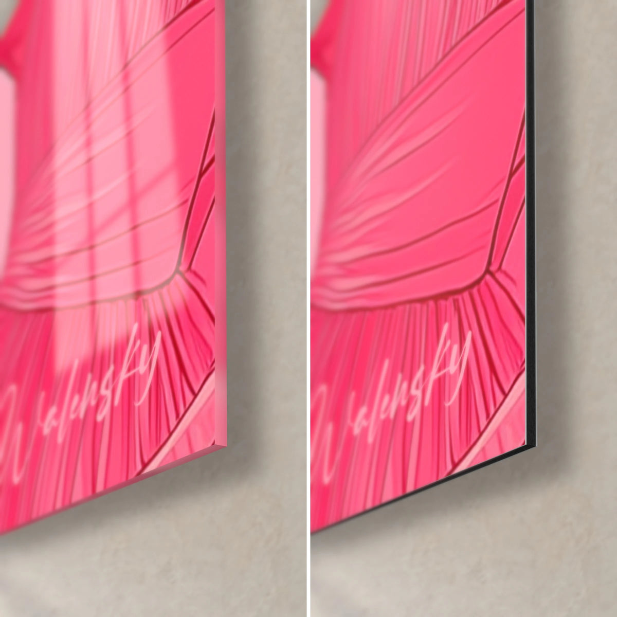 Gemälde Tänzerin in leuchtend rosa Falten, untere rechte Ecke: glänzendes Acrylglas, das das Licht reflektiert, matt gebürstetes Alu-Dibond und schwarze 3-mm-Kante
