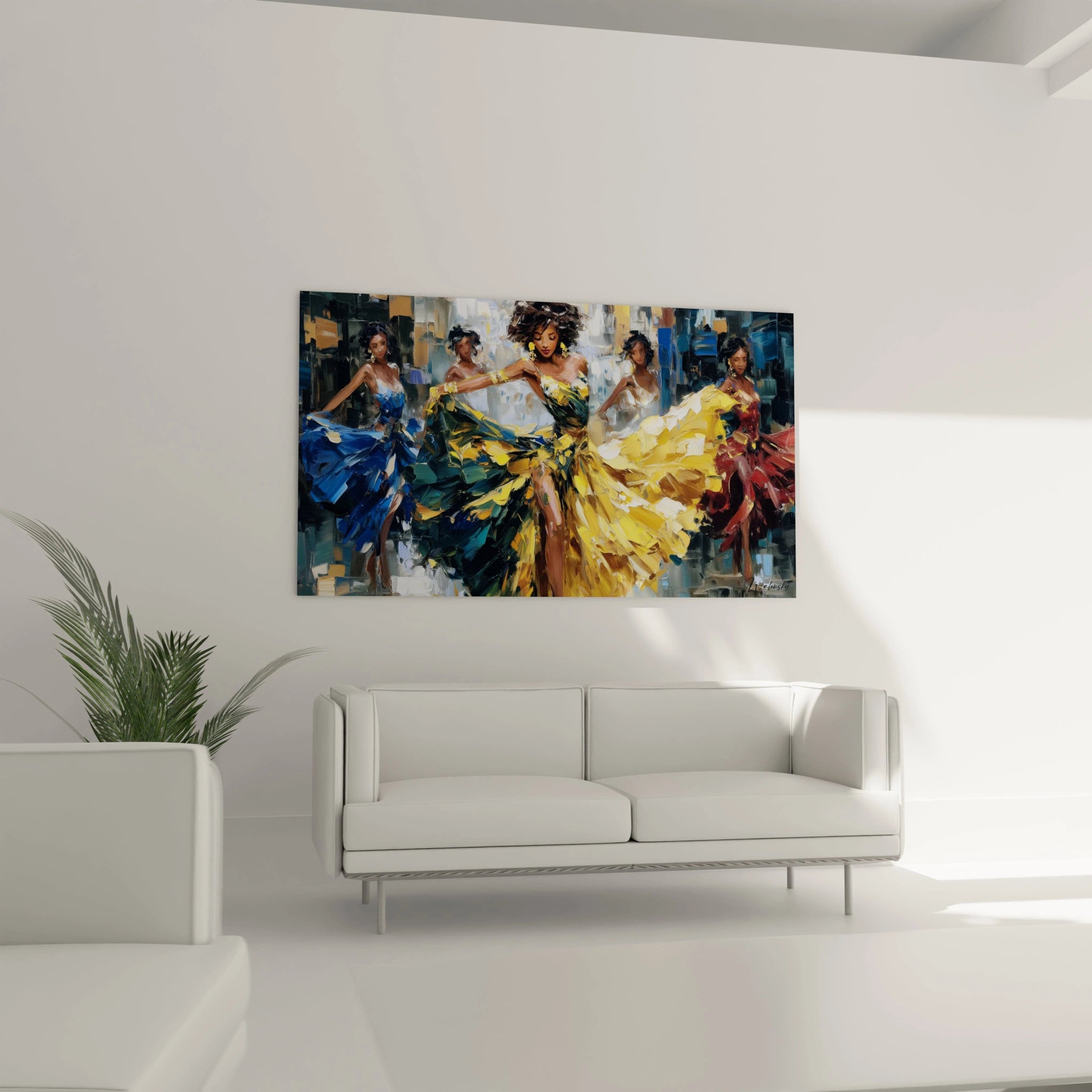 Tableau danseuses africaines coloré avec des robes vibrantes au mur d'un salon moderne