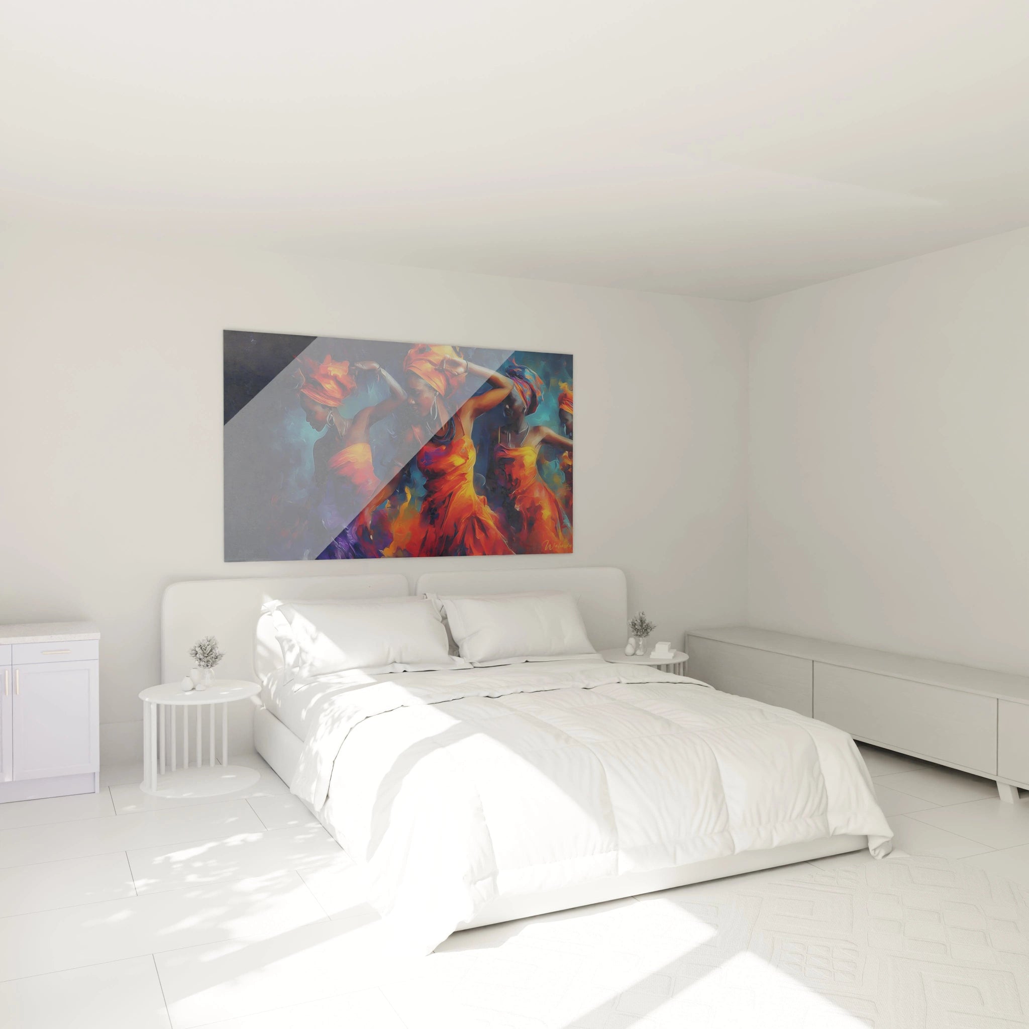 Tableau danse africaine moderne de Walensky accroché dans une chambre lumineuse avec un lit blanc
