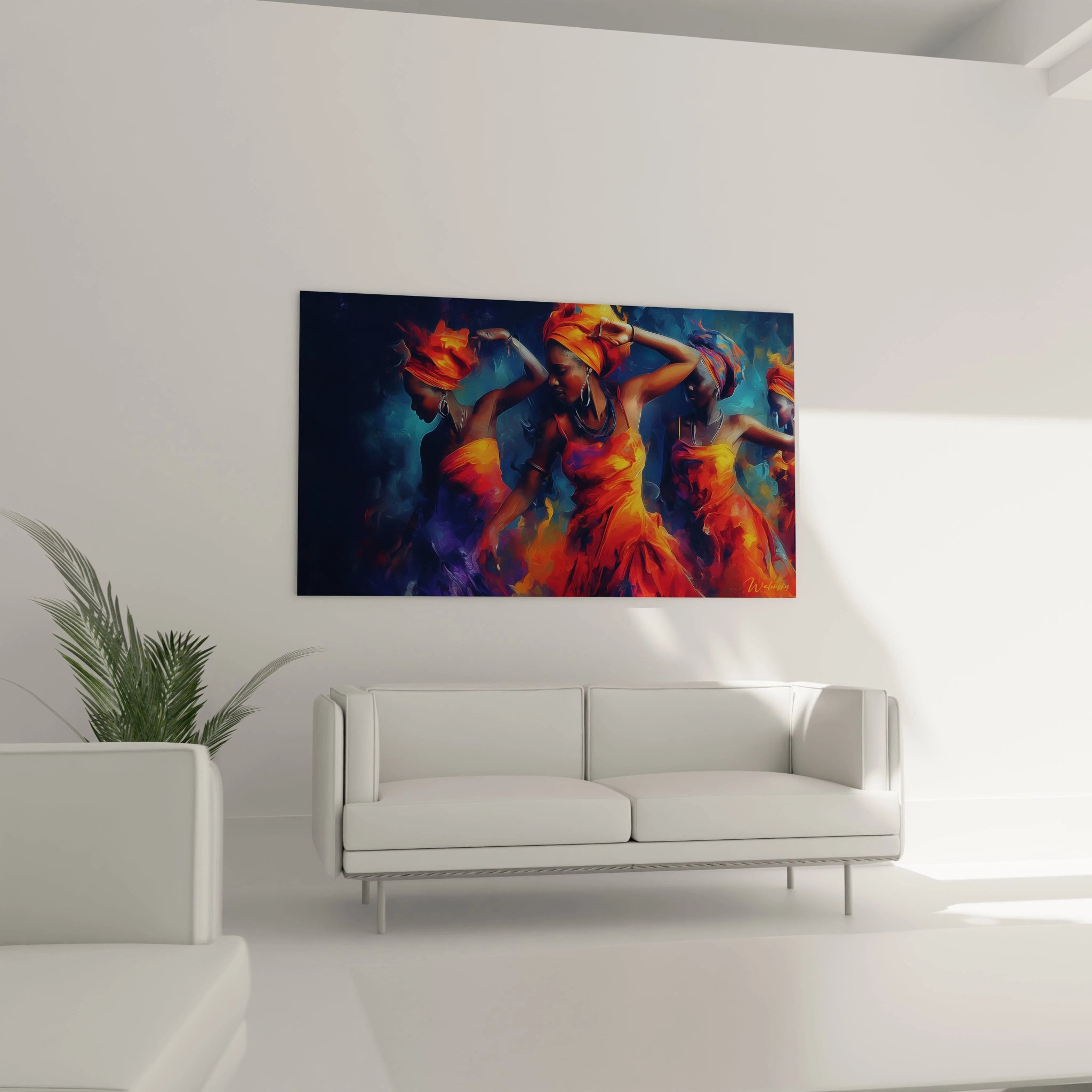 Tableau danse africaine moderne avec des danseuses colorées en mouvement vibrant dans un salon contemporain
