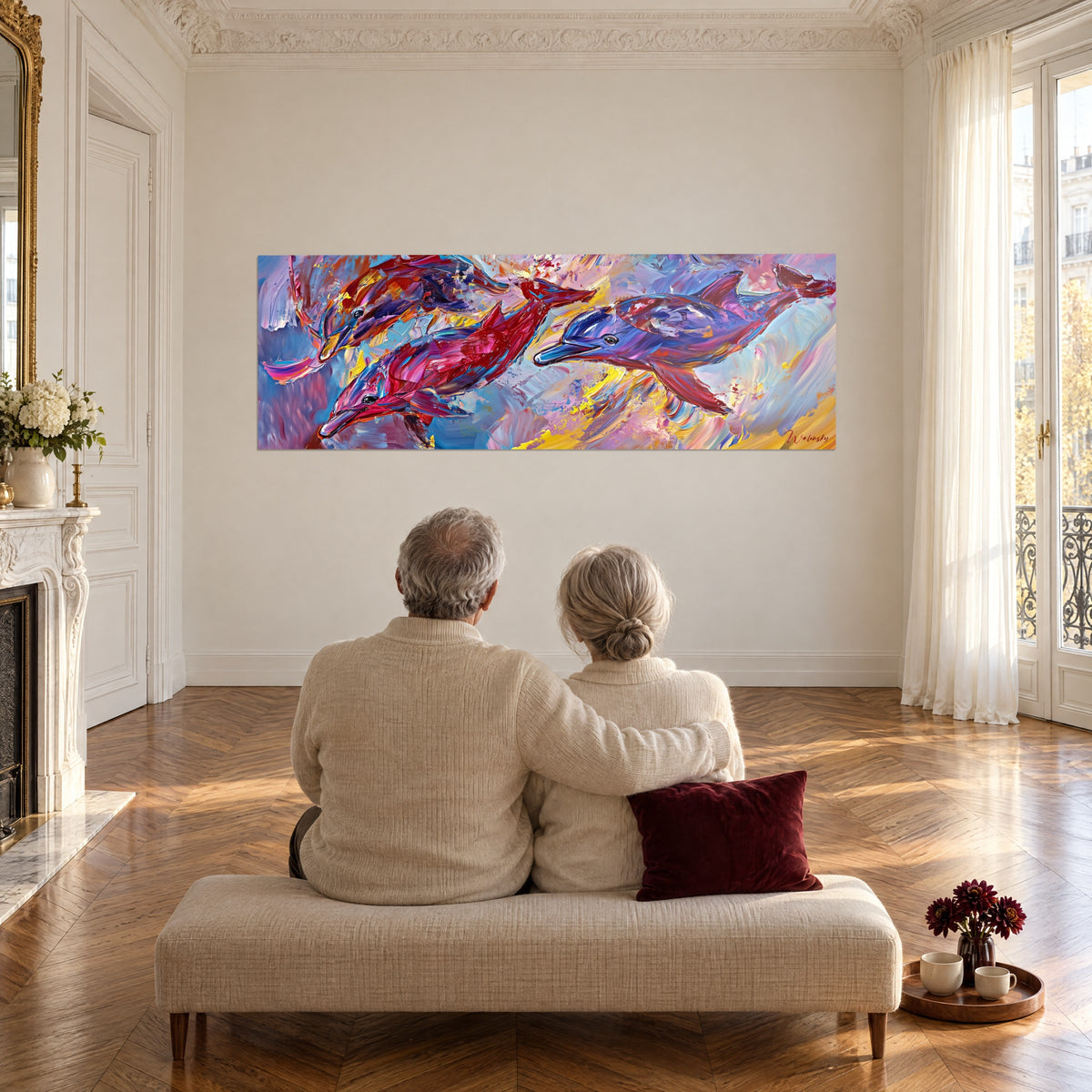 Tableau dauphins écarlates sur fond bleu pervenche et or, admirés par un couple âgé de dos, assis sur un banc, au salon