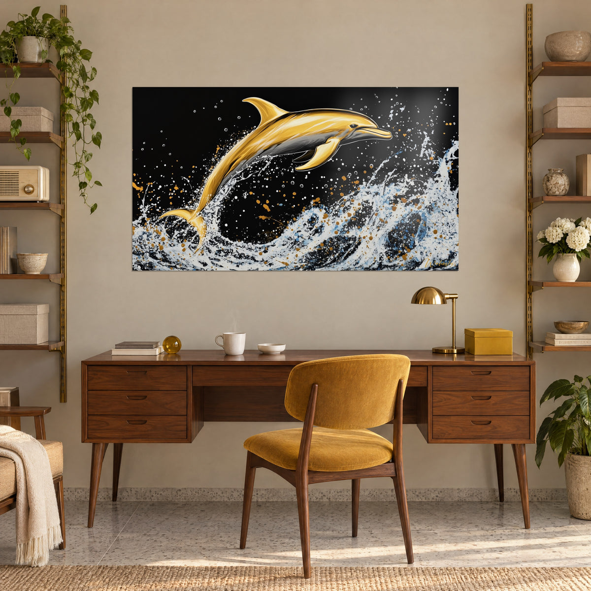 Gemälde Delfin-Sprung in Gold mit grauen Glanzlichtern, weiße Schaumgarbe und ockerfarbene Tröpfchen auf schwarzem Hintergrund, über einem Holzschreibtisch aufgehängt