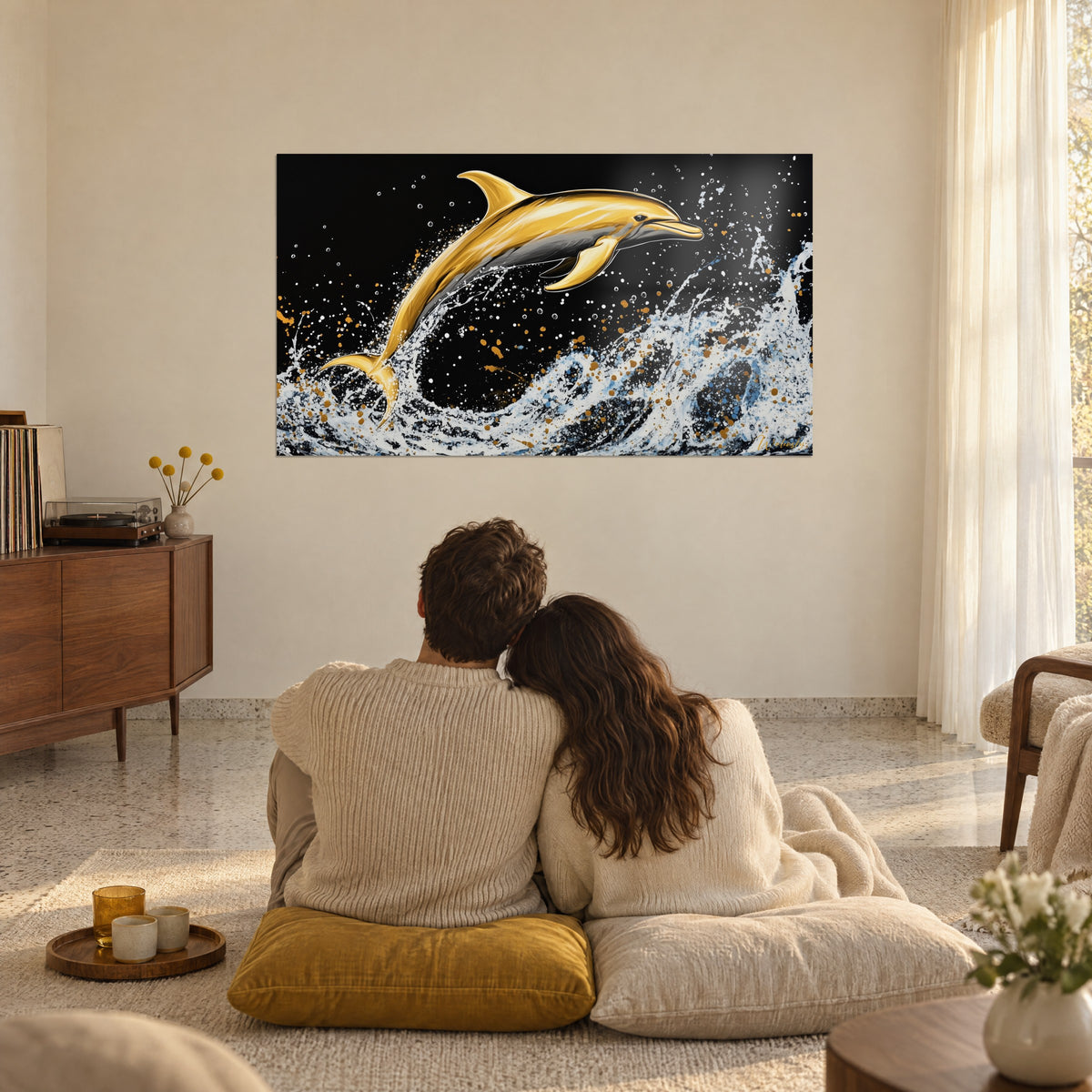 Gemälde Delfinsprung in reinem Gold, weiße Welle mit blauen Sprenkeln auf schwarzem Hintergrund, Paar von hinten umarmt auf senfgelben Kissen