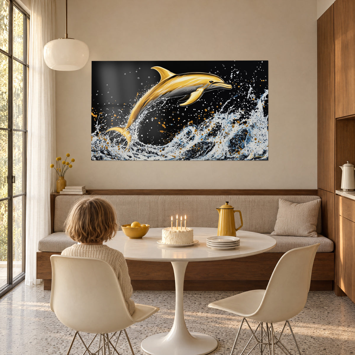 Gemälde Delfin mit bernsteinfarbener Rückenflosse, weiße Spritzer auf schwarzem Hintergrund, Kind am Tisch vor einem Geburtstagskuchen in einem Wohnzimmer