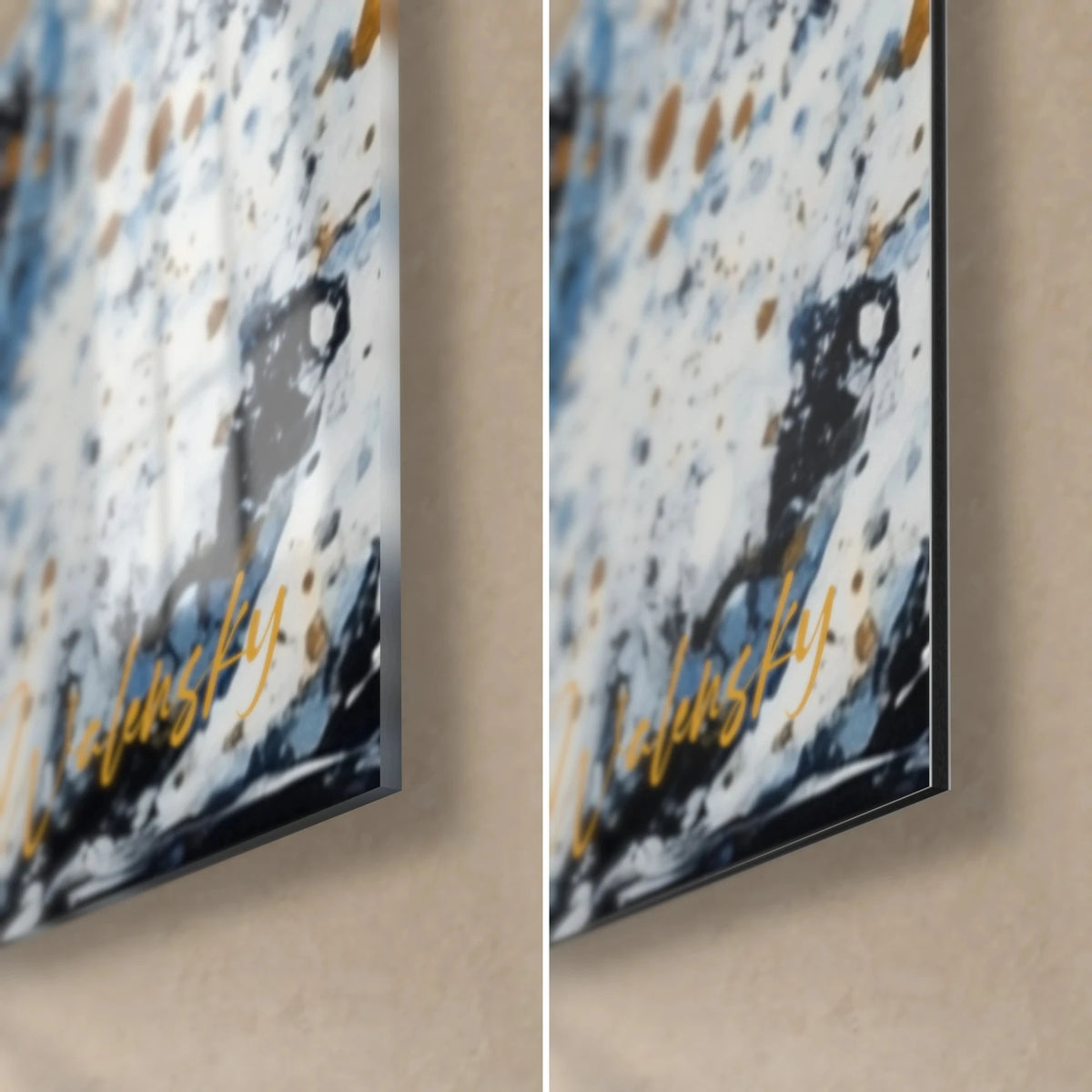 Quadro delfino dorato, angolo in basso a destra: vetro acrilico lucido a sinistra, alluminio Dibond opaco a destra, schizzi blu e bianchi, spessore 3 mm