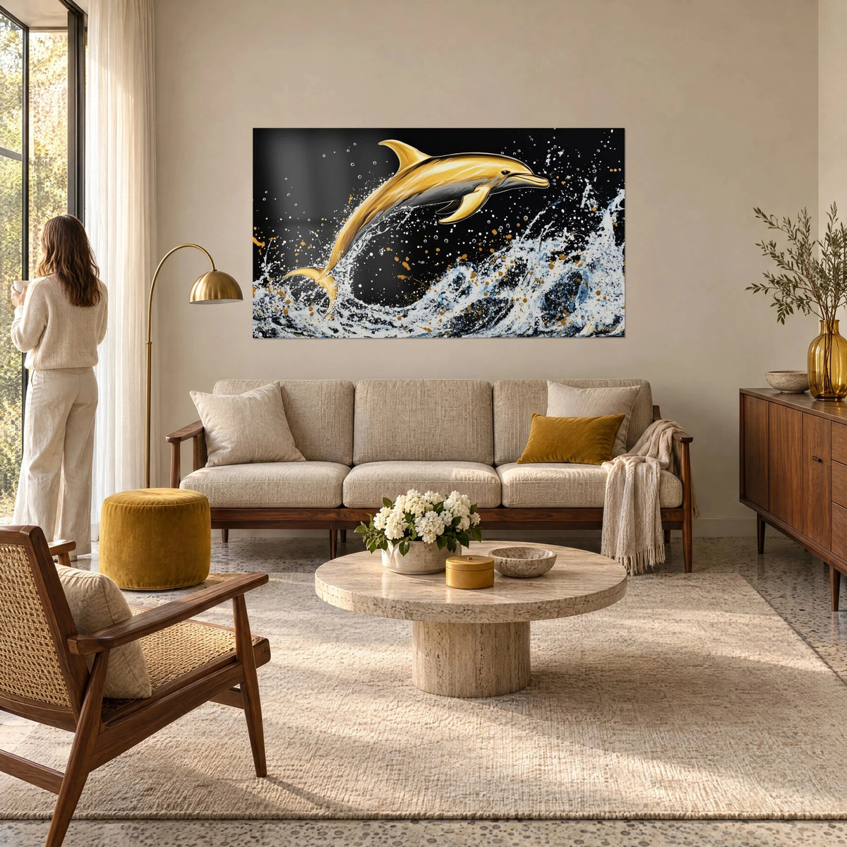 Quadro delfino dorato che balza fuori da un'onda bianca su sfondo nero, donna di spalle, sopra un divano in un soggiorno luminoso