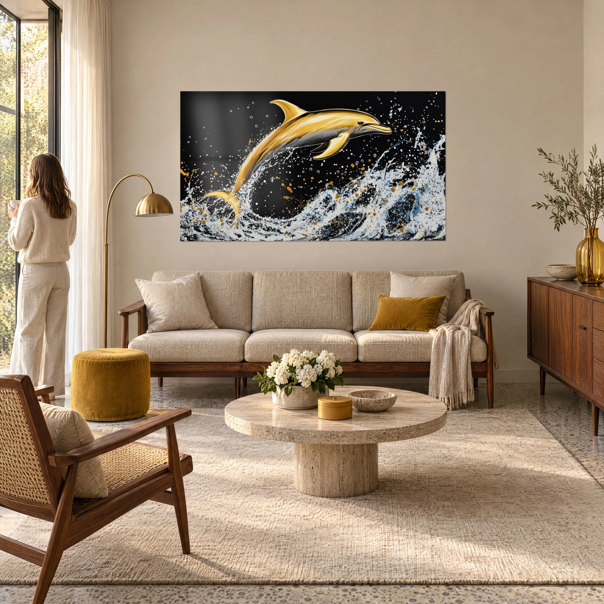 Gemälde Delfin in Gold springt aus einer weißen Welle auf schwarzem Hintergrund, Frau von hinten, über einem Sofa in einem hellen Wohnzimmer