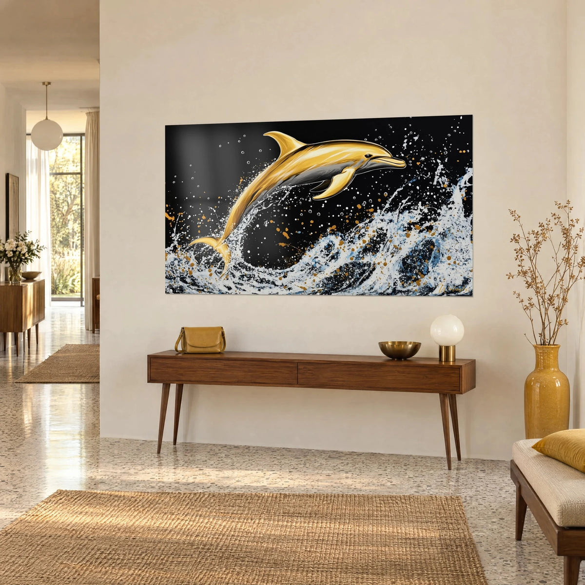 Quadro cetaceo dorato in pieno salto, schiuma bianca e gocce ocra su sfondo nero, visto di tre quarti sopra una consolle in legno