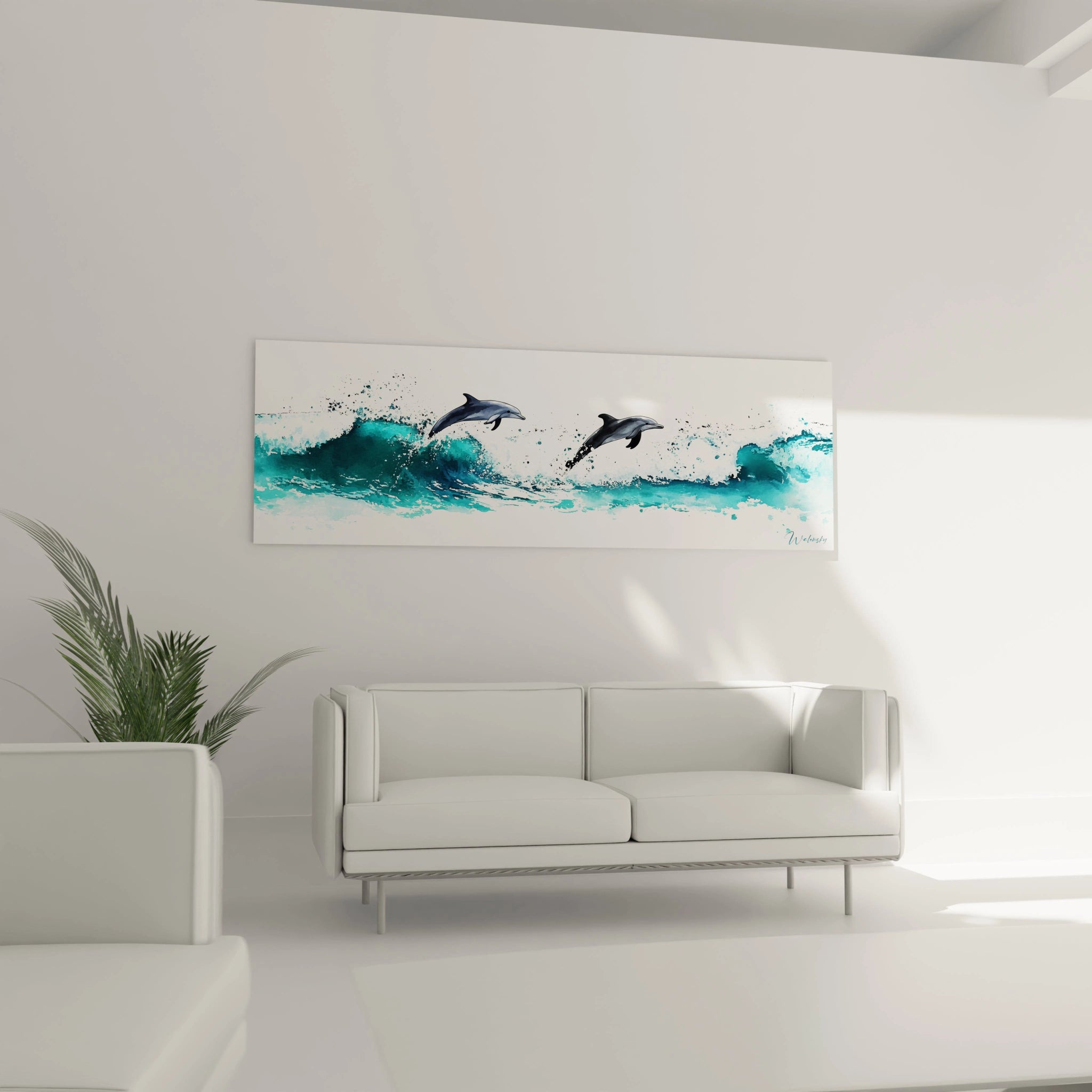 Tableau Walensky représentant des dauphins sautant au-dessus des vagues turquoise
