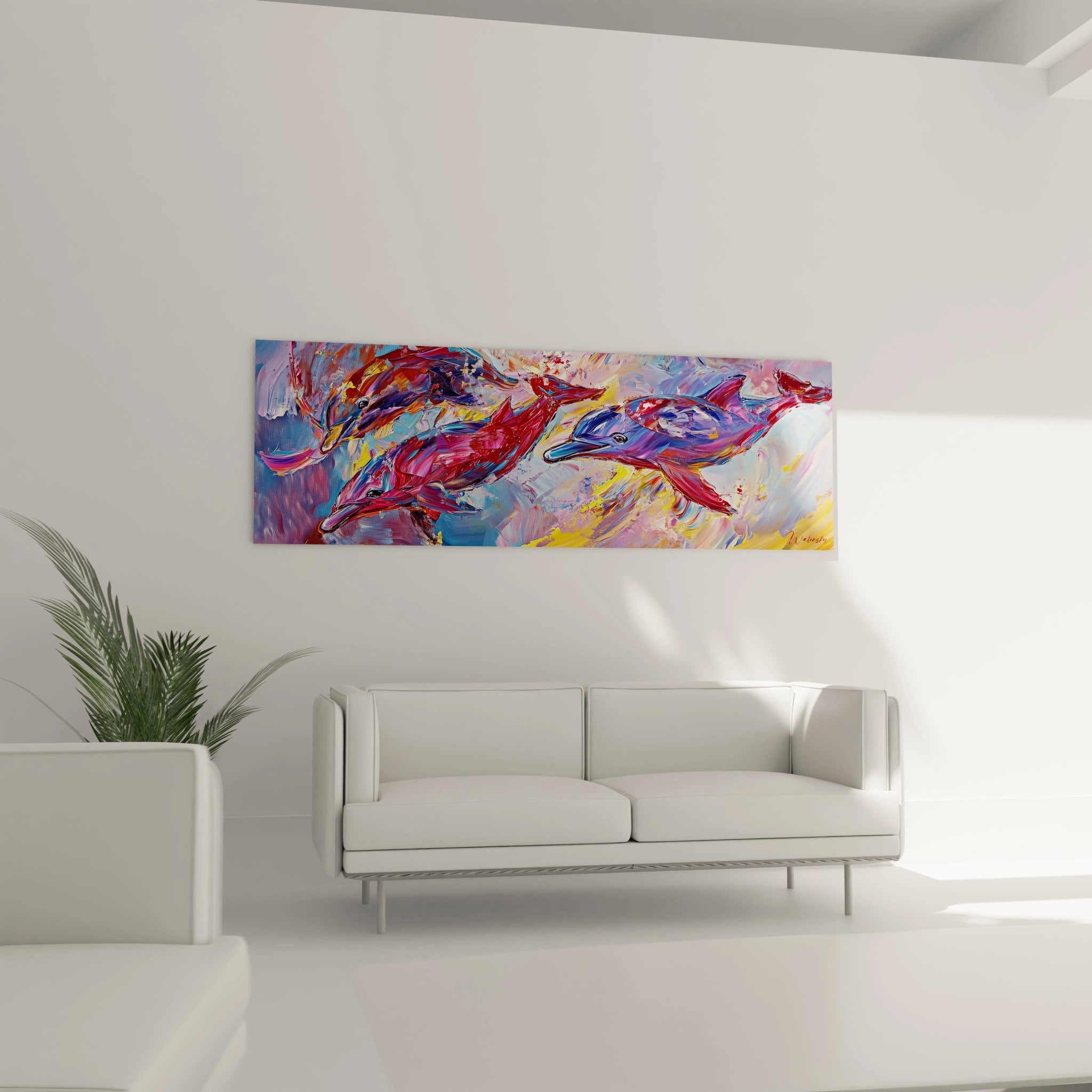Tableau artistique de dauphins colorés par Walensky, parfait pour décorer un salon moderne