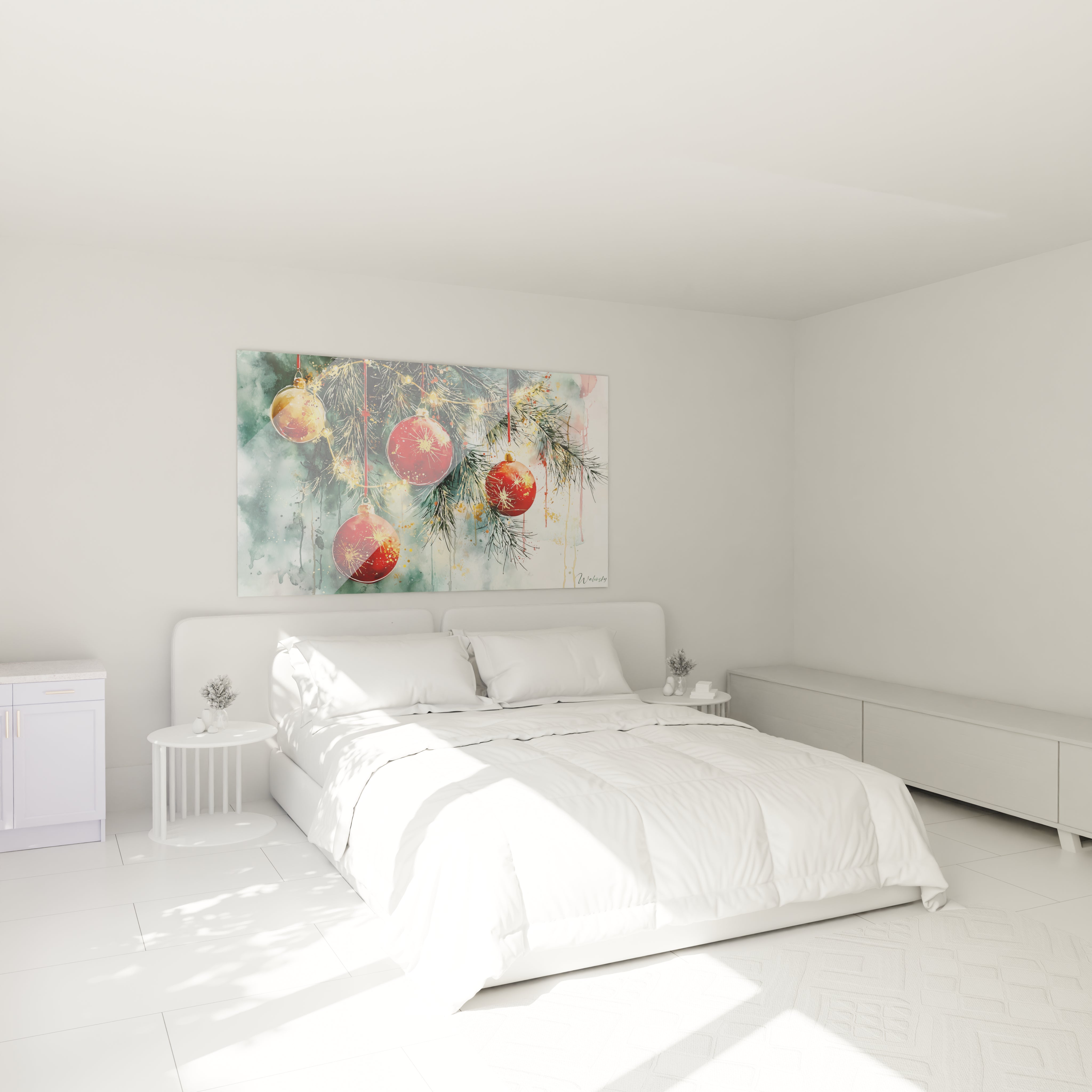 Tableau de Noël moderne de Walensky avec des boules colorées et une ambiance festive dans une chambre