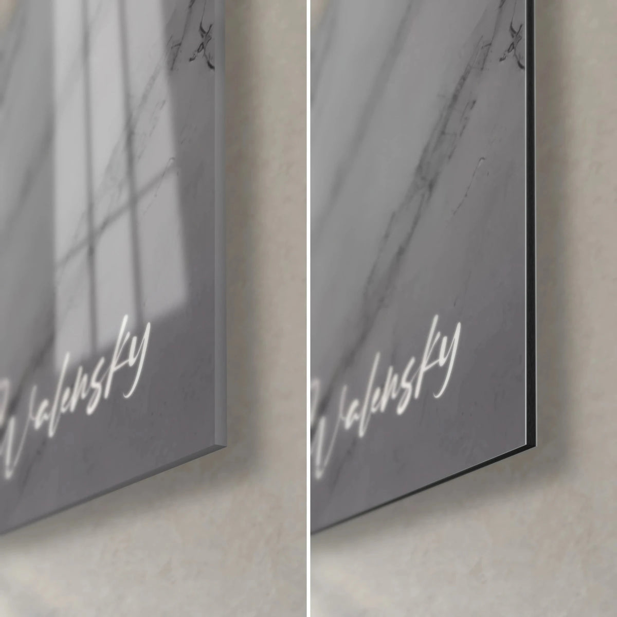 Gemälde Meeresriese aus weißem Marmor, untere rechte Ecke: glänzendes Acrylglas in Perlgrau und mattes Alu-Dibond, 3 mm Stärke, Signatur Walensky