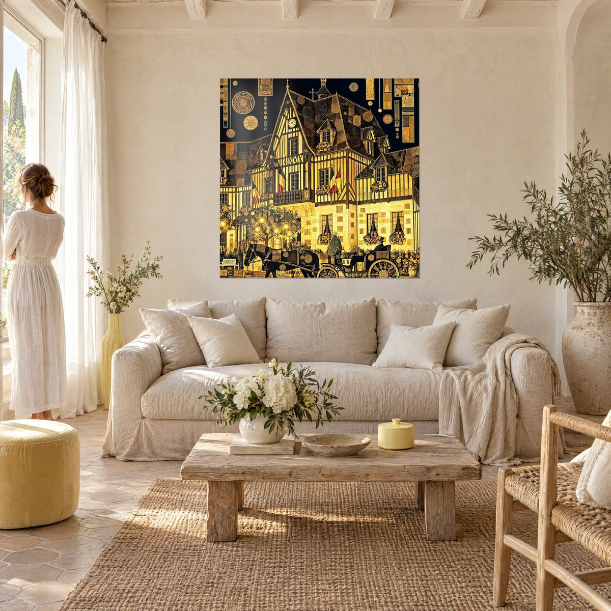 Gemälde Normannenhaus mit goldenen Fachwerkbalken unter schwarzem Himmel, Kutsche und gelbe Laternen, über einem Sofa in einem hellen Wohnzimmer