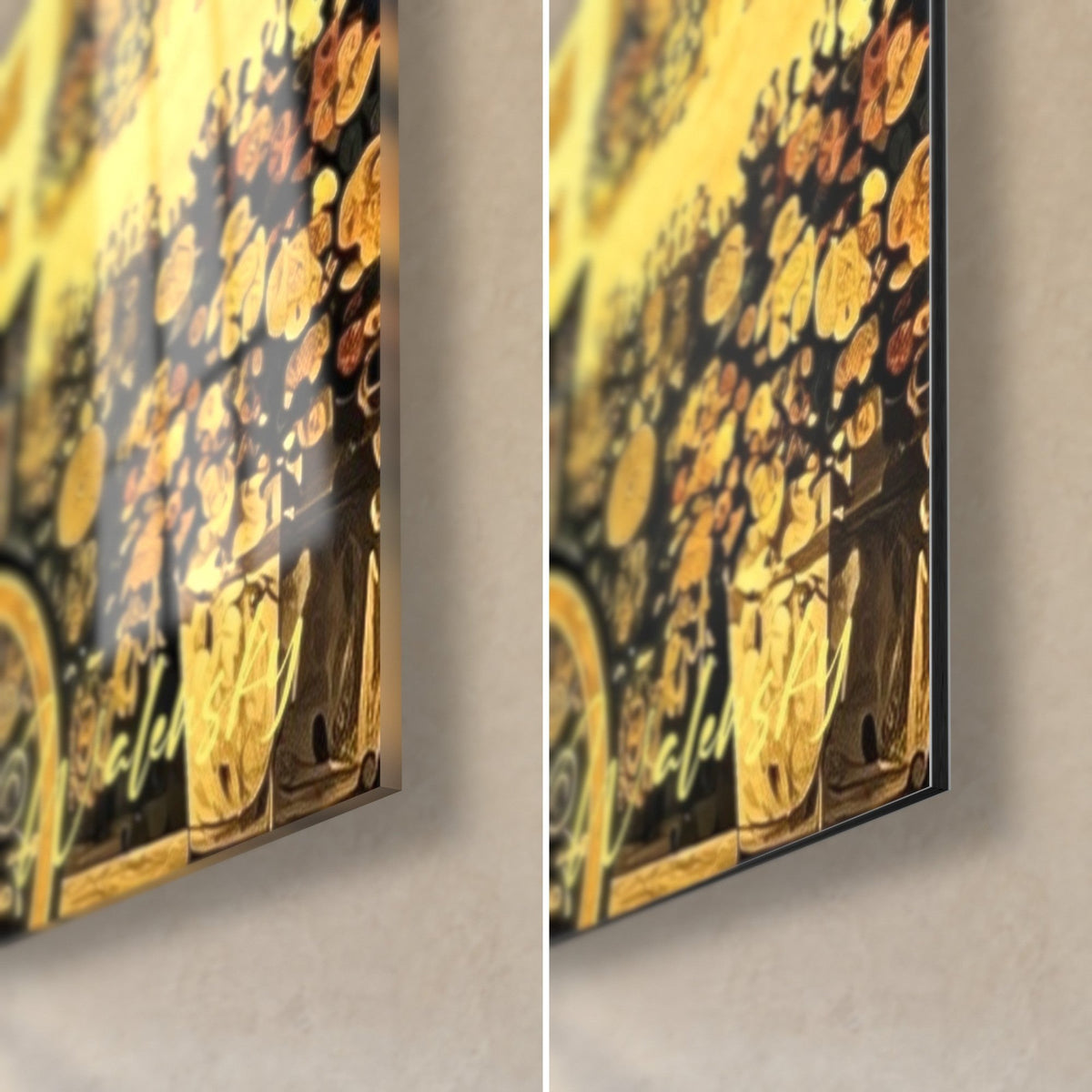 Gemälde Normannische Villa in Gold, untere rechte Ecke: glänzendes Acrylglas mit Reflexen links, mattes Dibond-Aluminium rechts, 3 mm Kante