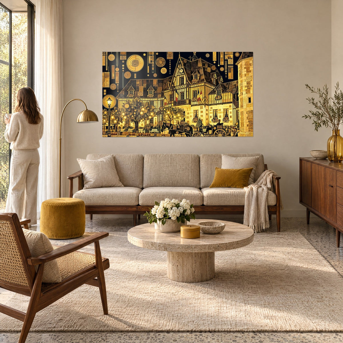 Gemälde Normannisches Fachwerkherrenhaus in Gold und Schwarz, goldene Kreise auf nächtlichem Himmel, über einem Sofa in einem hellen Wohnzimmer