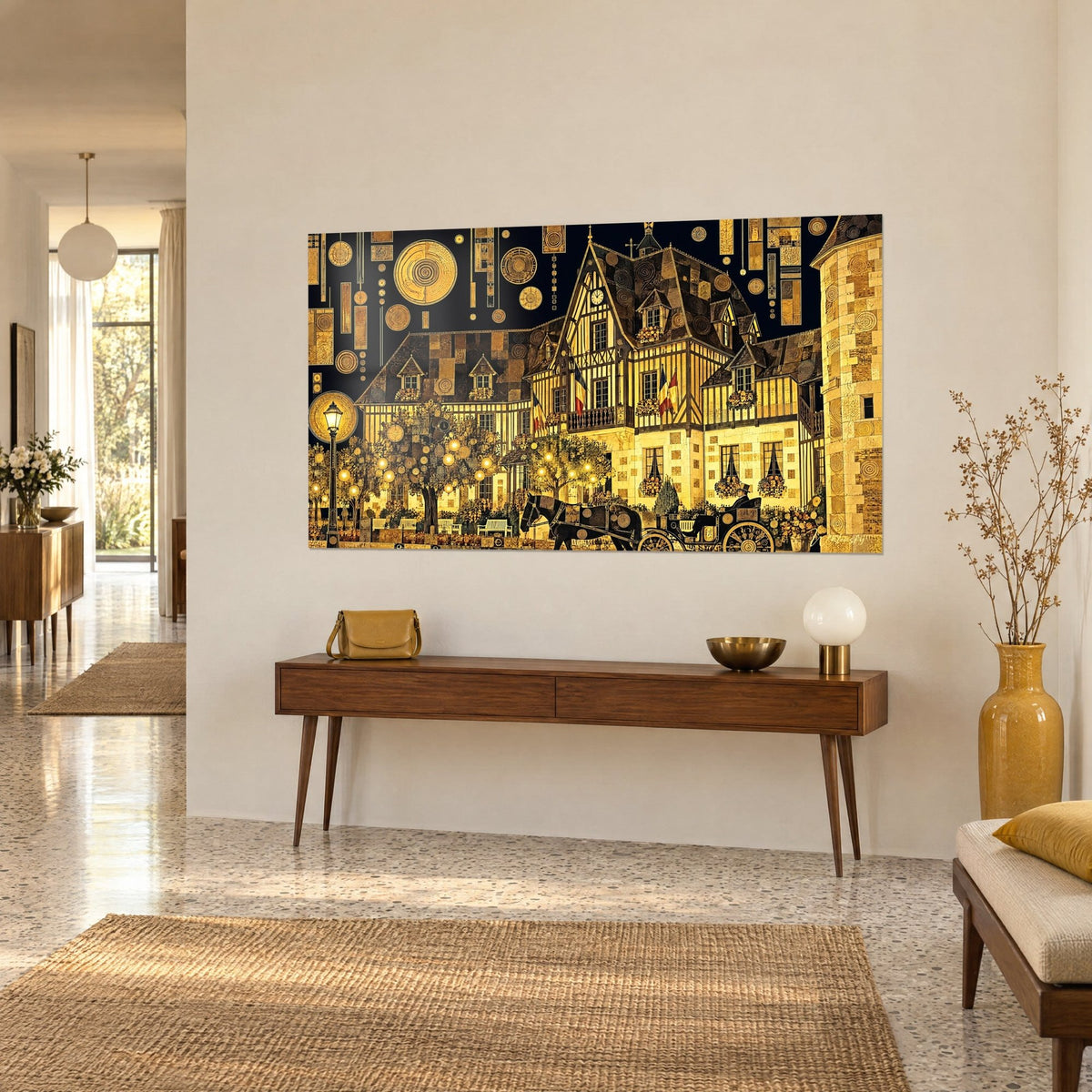 Gemälde Fachwerkhaus beleuchtet, schwarze Laterne und Kutsche, Dächer aus goldenem Mosaik, auf einer Holzkonsole