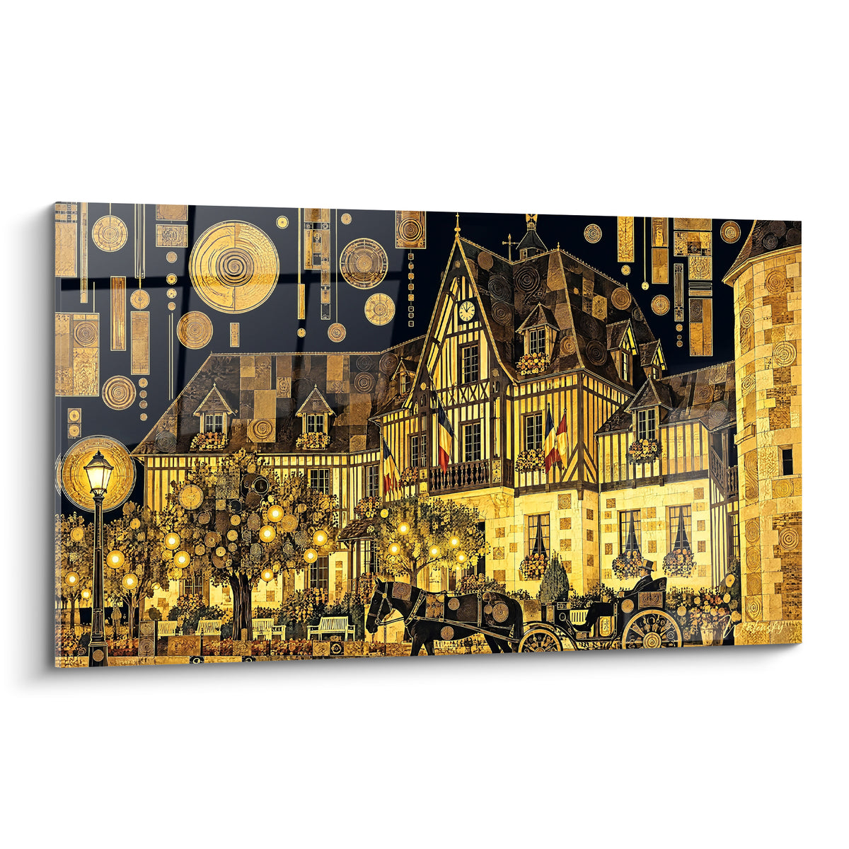 Gemälde Leuchtendes goldenes und marineblaues normannisches Herrenhaus, schwarze Kutsche vor einer verzierten Fachwerkfassade