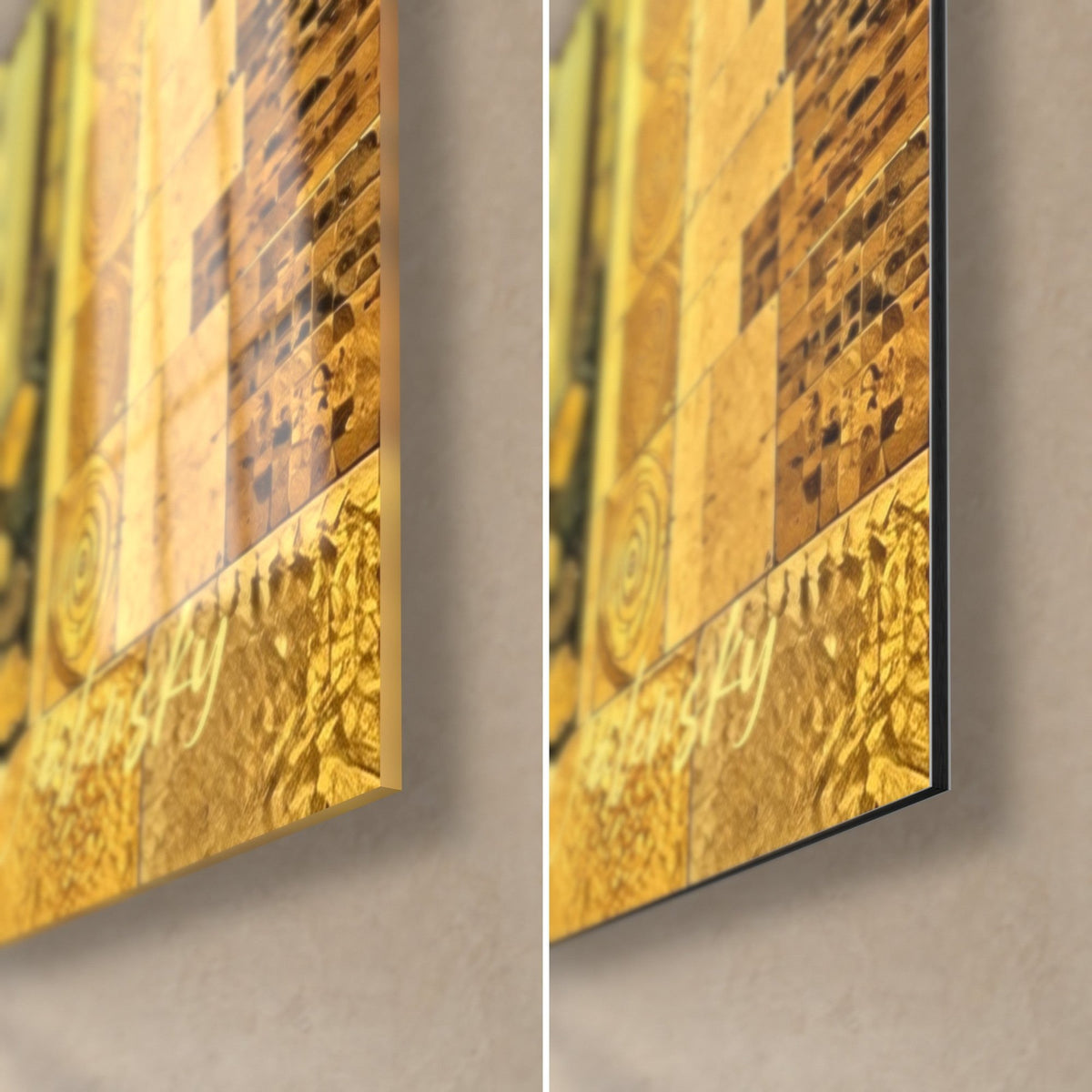 Gemälde Goldenes normannisches Herrenhaus, untere rechte Ecke: glänzendes Acrylglas links, matt schwarzes Dibond-Aluminium rechts, 3 mm Kante