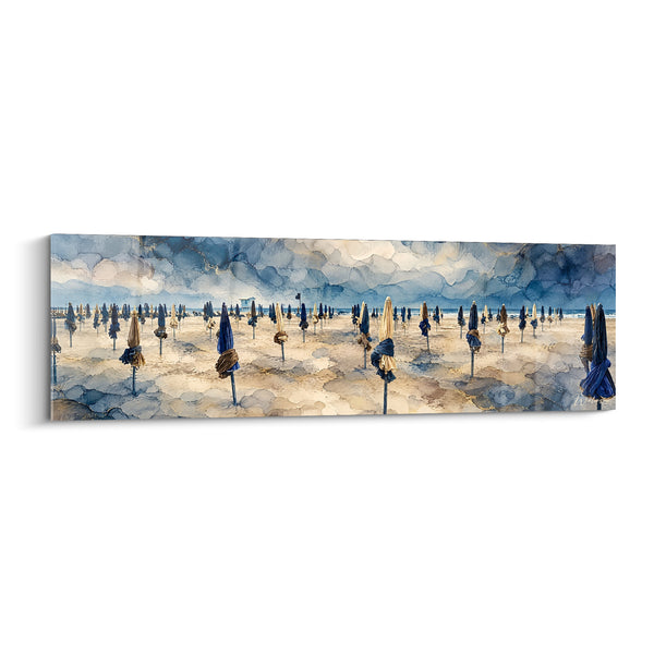 Tableau Parasols fermés plage bleu et doré - Attente côtière - Edition Deauville Normandie France