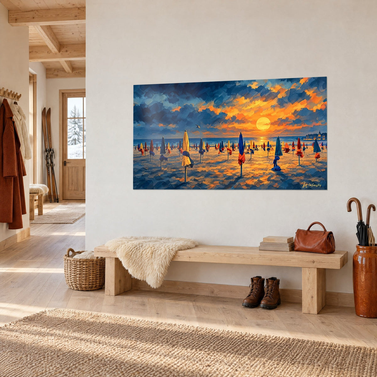 Schilderij opgerolde parasols en rode strikken op blauwachtig zand, vlammende oranje lucht, lichthouten bank in een chalet