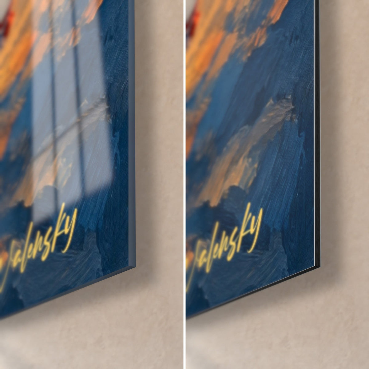Schilderij gesloten parasols bij zonsondergang, rechtsonder: glanzend glas links, mat Dibond rechts, rand van 3 mm