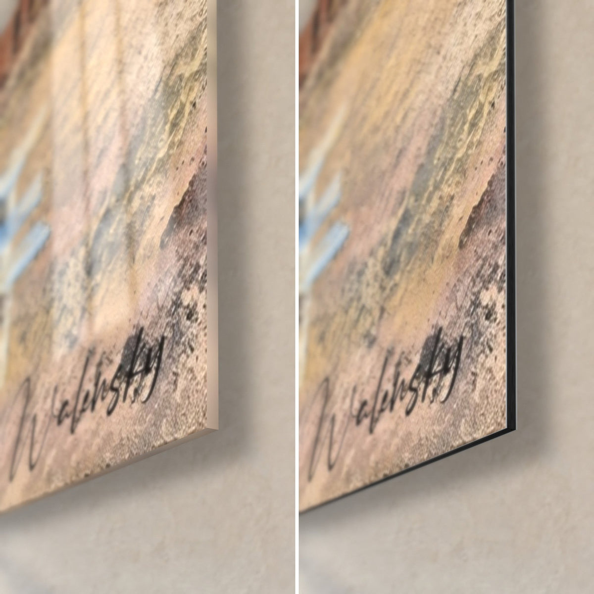 Schilderij Normandische villa, rechtsonder: roze en okerkleurig zand, zwarte handtekening, glanzend glas links, mat Dibond rechts