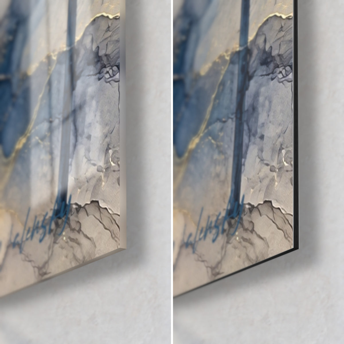 Schilderij opgevouwen parasols, rechtsonder: glanzend acrylglas links, mat Dibond-aluminium rechts, zwarte rand van 3 mm