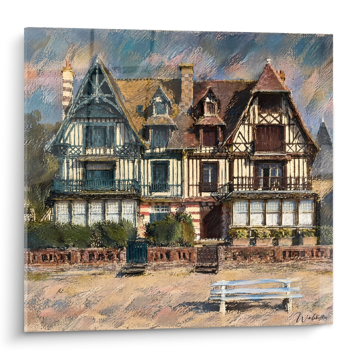 Schilderij Normandische villa met pastelblauw en bruin vakwerk, okerkleurige daken, witte bank, pastelkleurige lucht