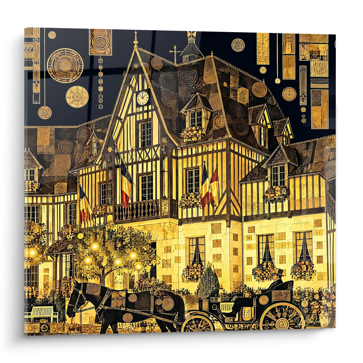 Gemälde Goldene Normannenvilla mit Fachwerk und schwarzer Kutsche, marineblauer Himmel mit goldenen geometrischen Mustern