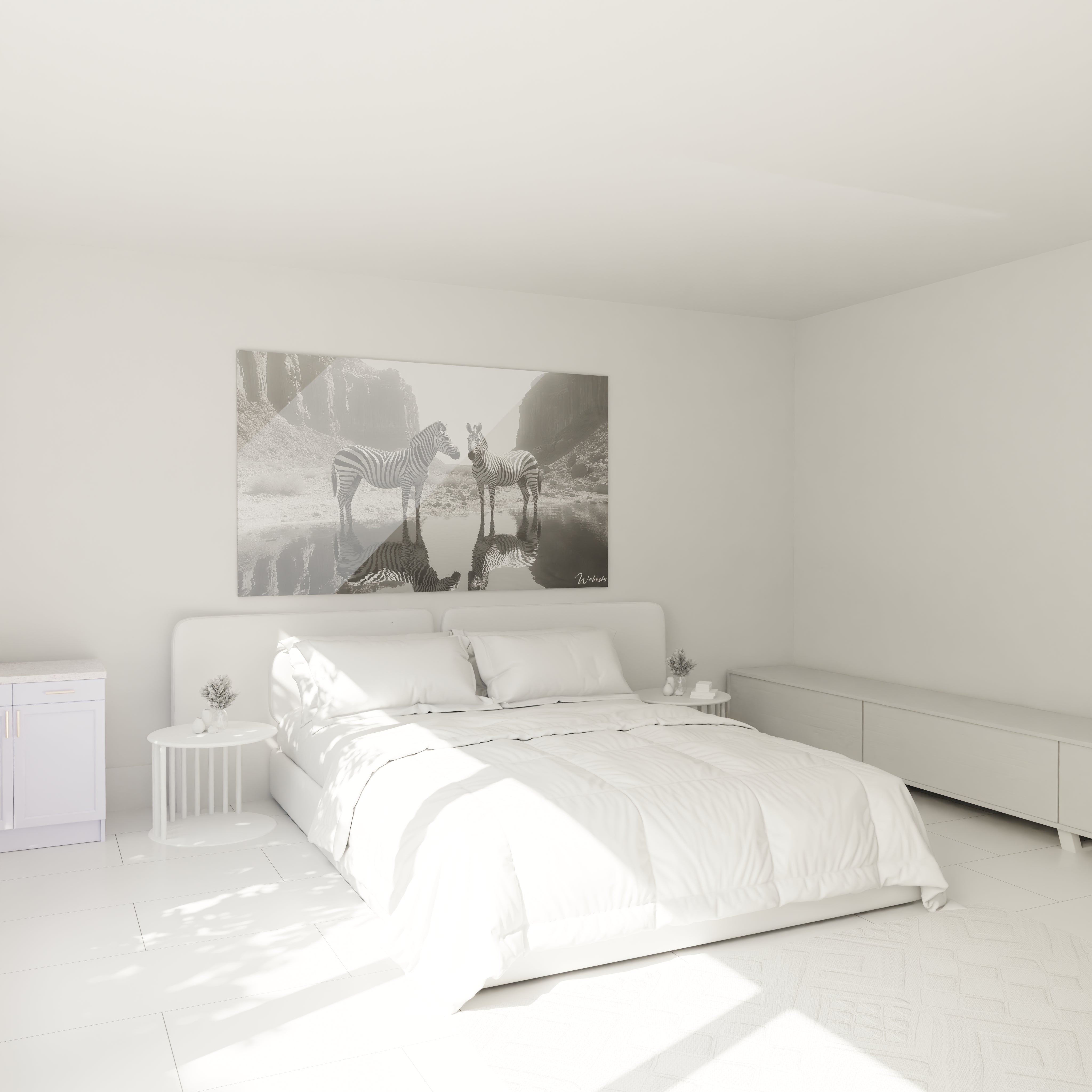 Tableau zèbre Walensky en noir et blanc au-dessus d'un lit moderne dans une chambre minimaliste