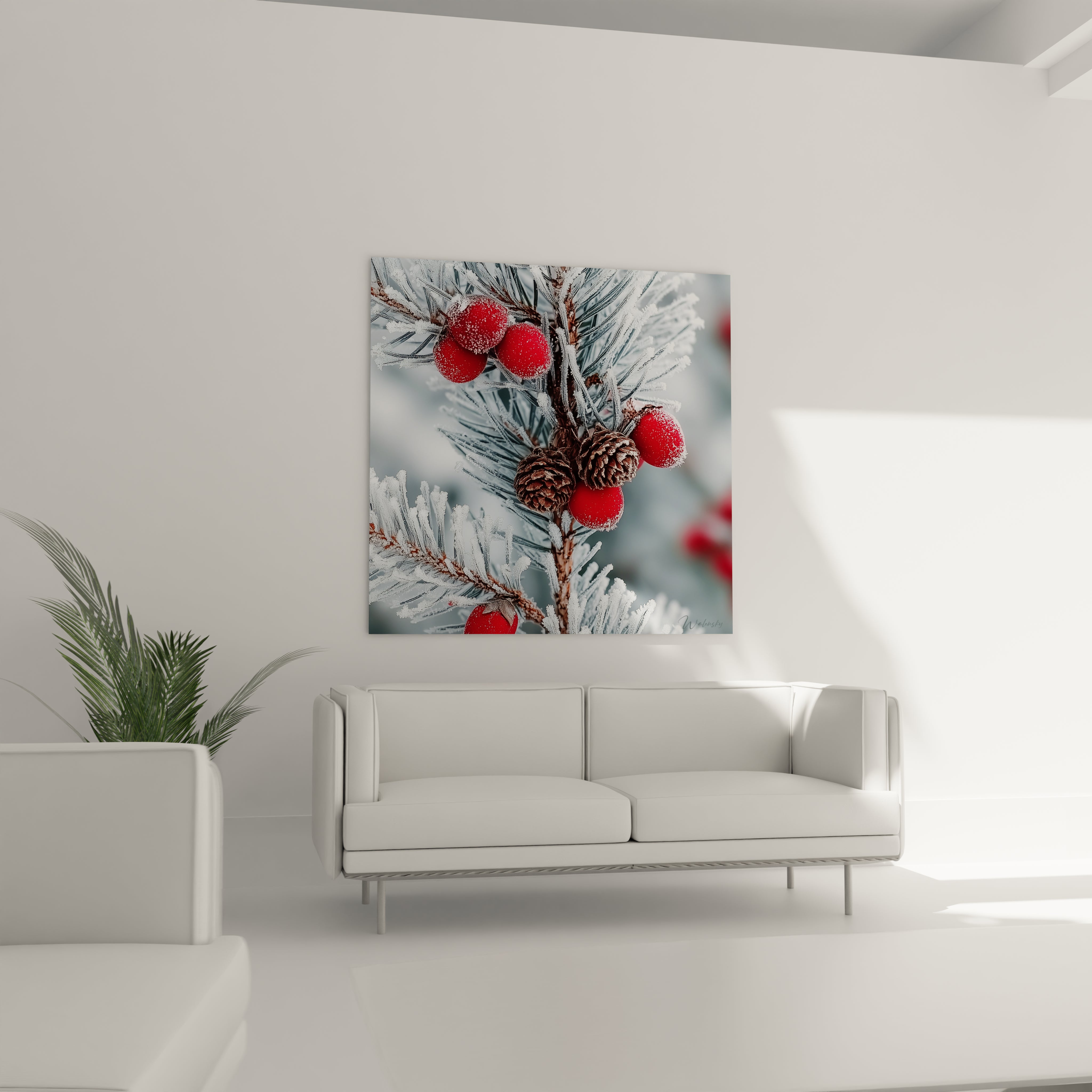 Tableau déco hivernal montrant des baies rouges et des branches de pin couvertes de neige
