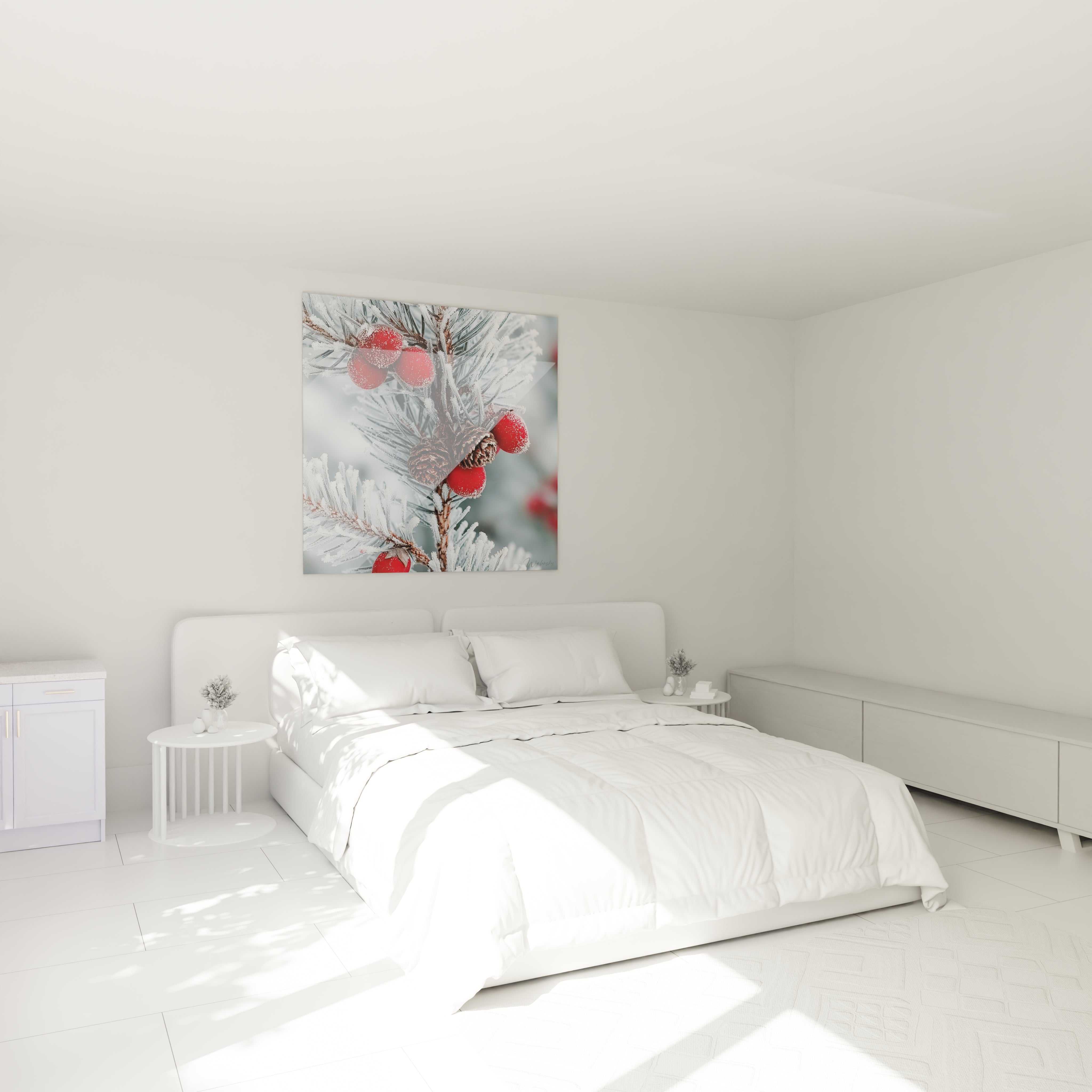 Tableau déco hivernal avec des baies rouges sur des branches blanches, parfait pour une décoration moderne
