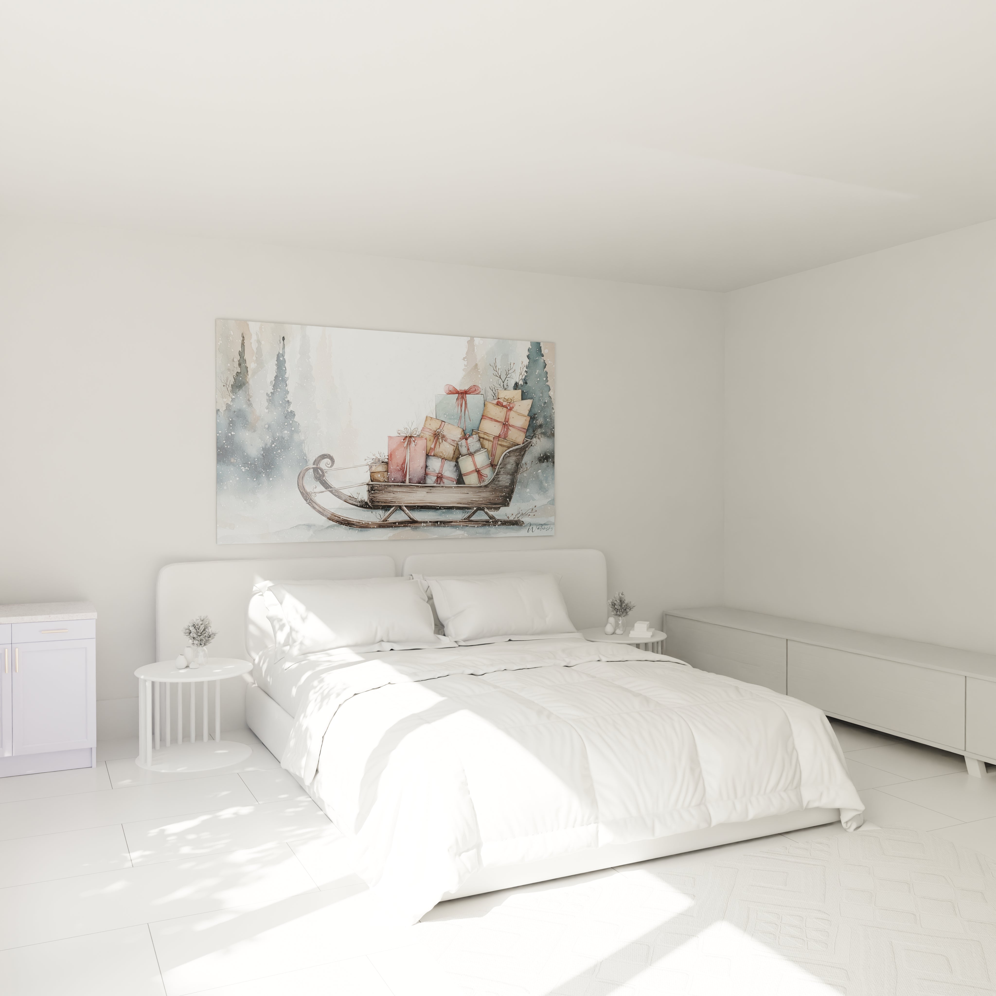 Tableau déco Noël traîneau avec des cadeaux dans un décor de chambre moderne et lumineuse
