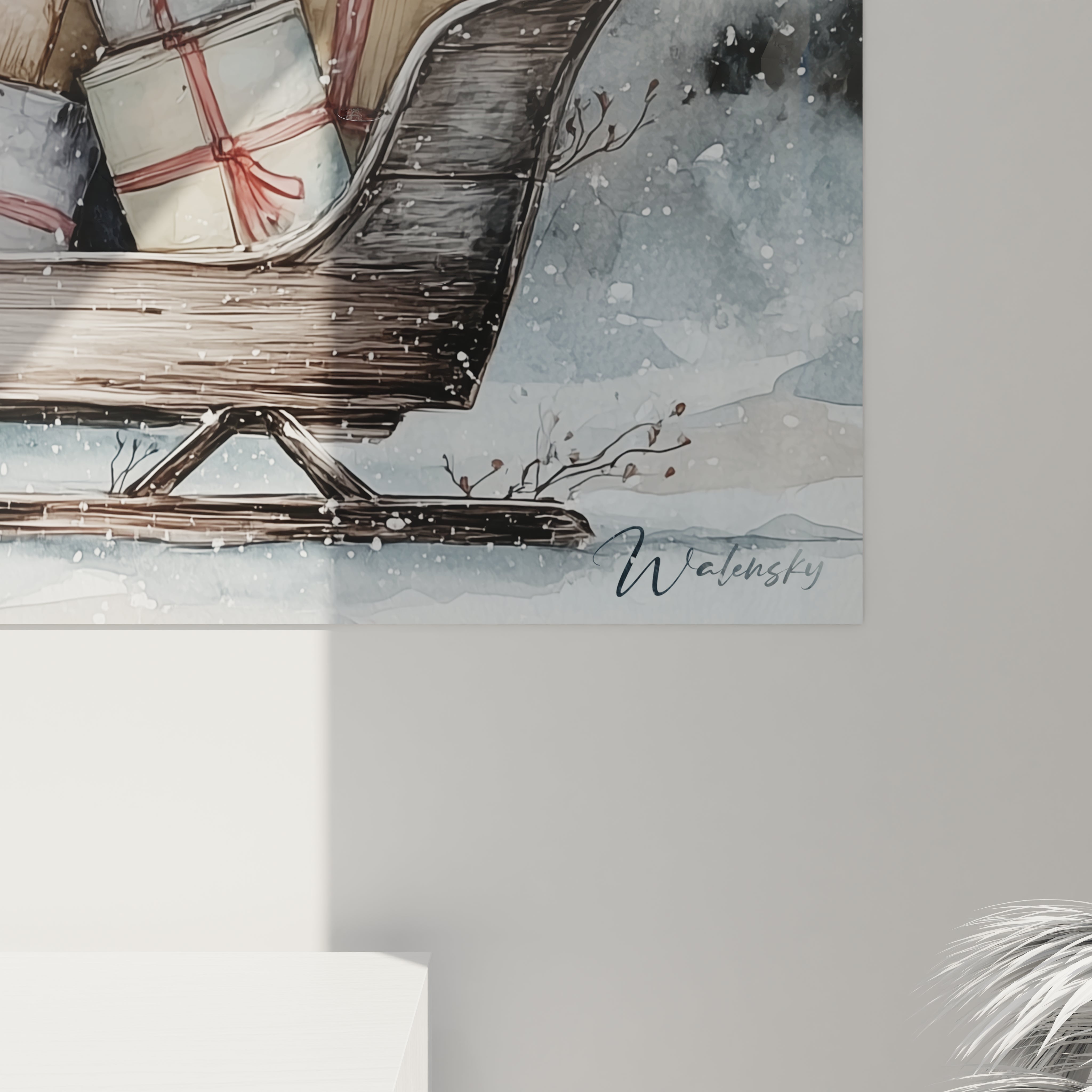 Tableau déco Noël traîneau avec des cadeaux colorés sur un fond hivernal artistique