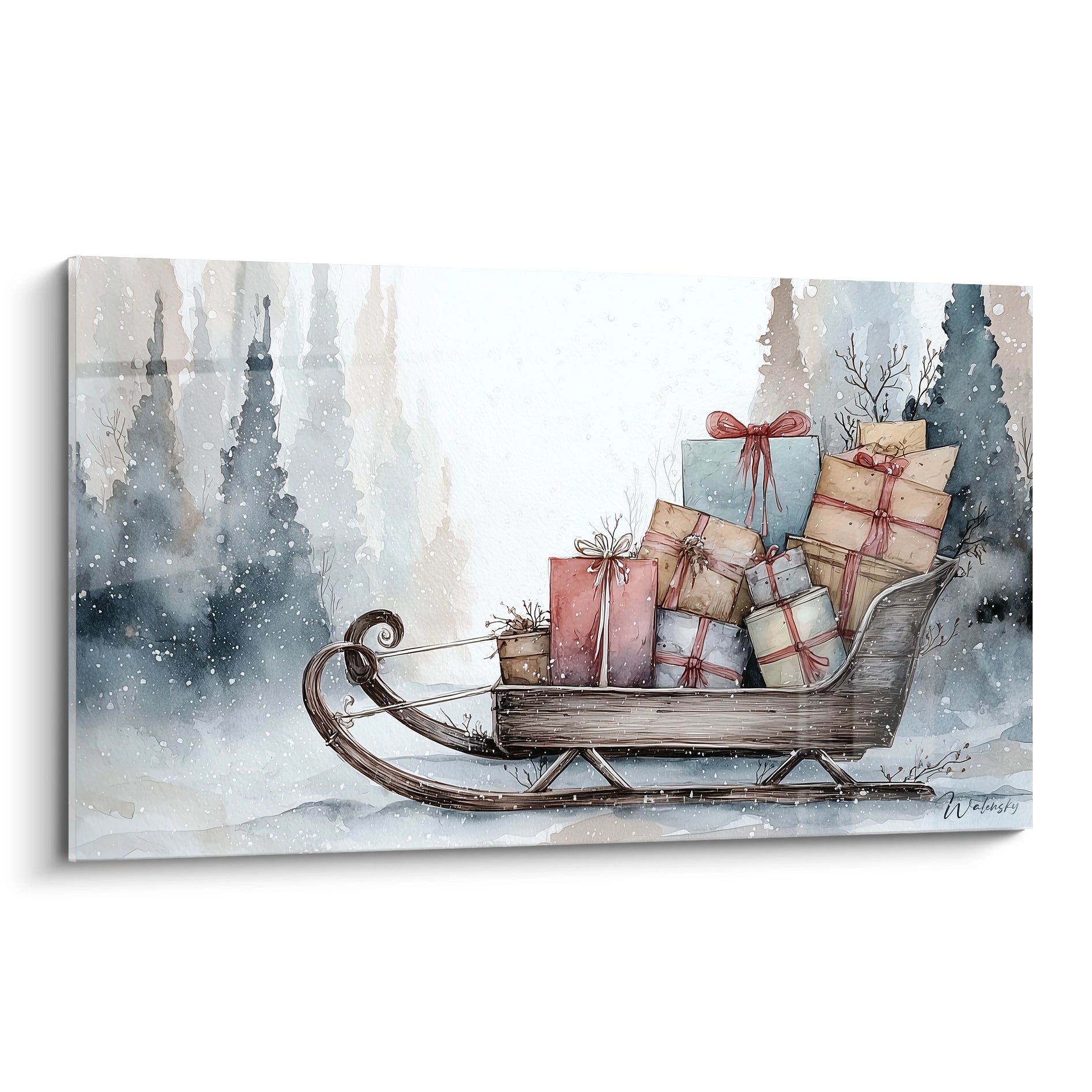 Tableau déco Noël traîneau avec des cadeaux colorés dans un paysage hivernal serein