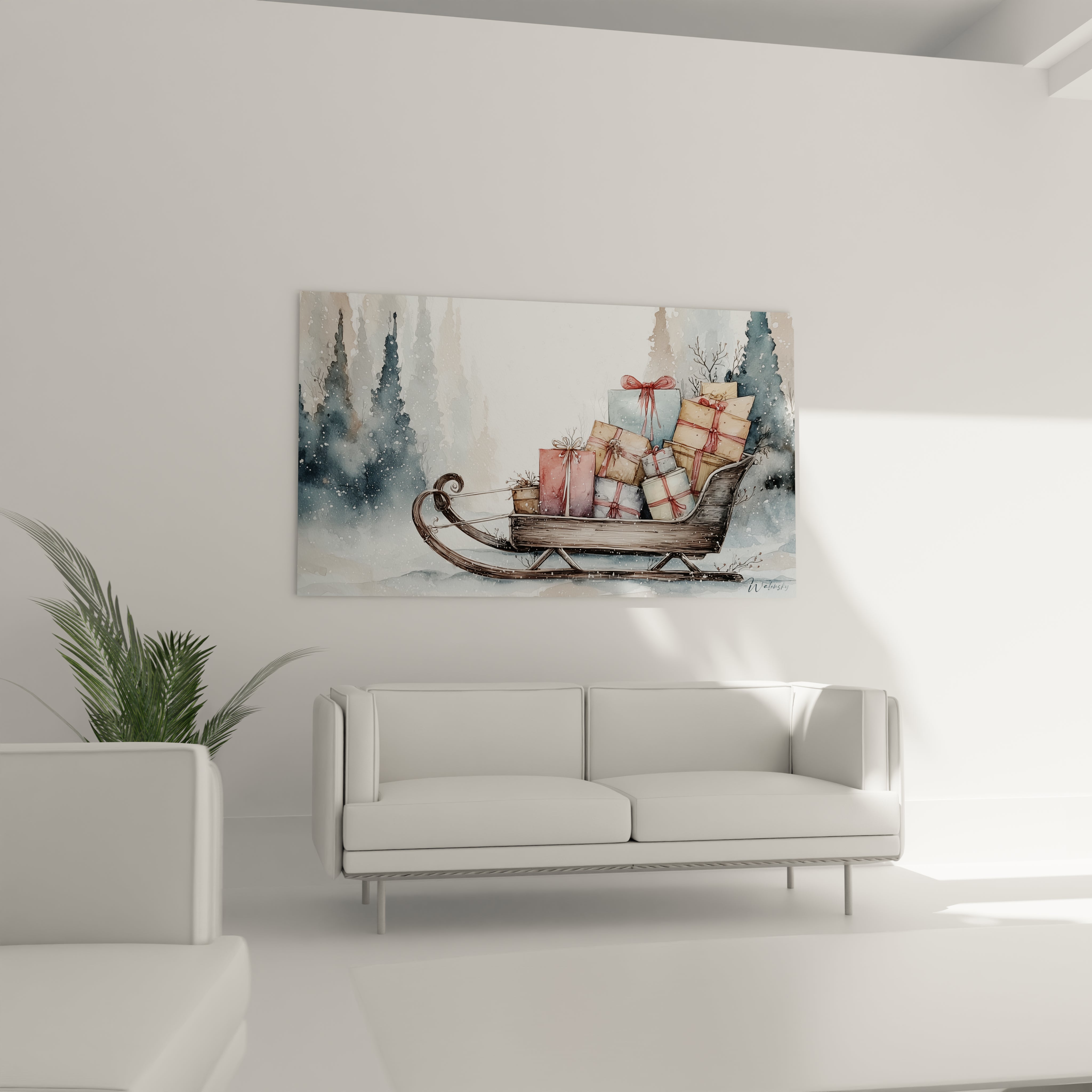 Tableau déco Noël traîneau avec des cadeaux colorés sur un fond hivernal et des sapins