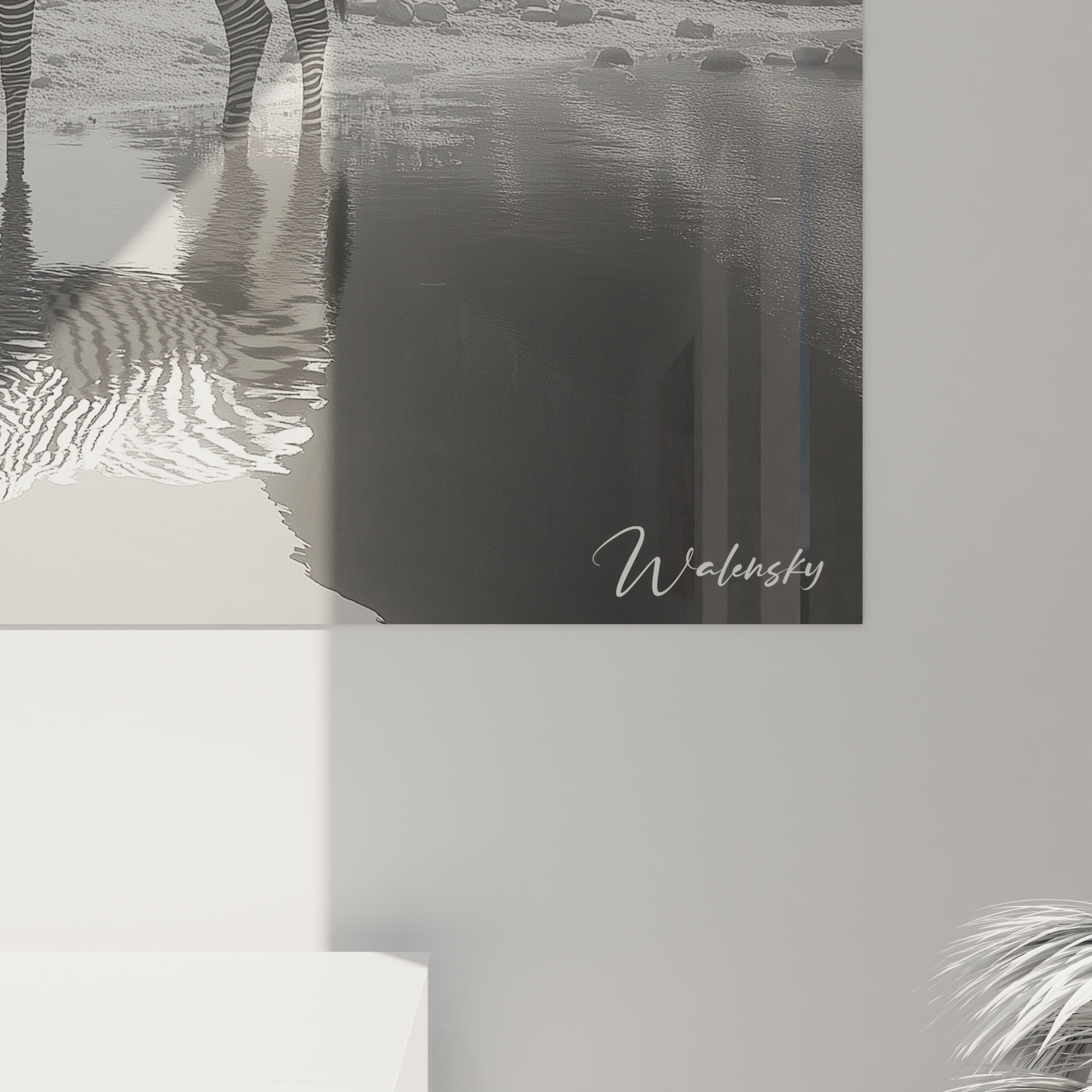 Tableau zèbre Walensky noir et blanc avec reflet d'eau pour décoration murale moderne