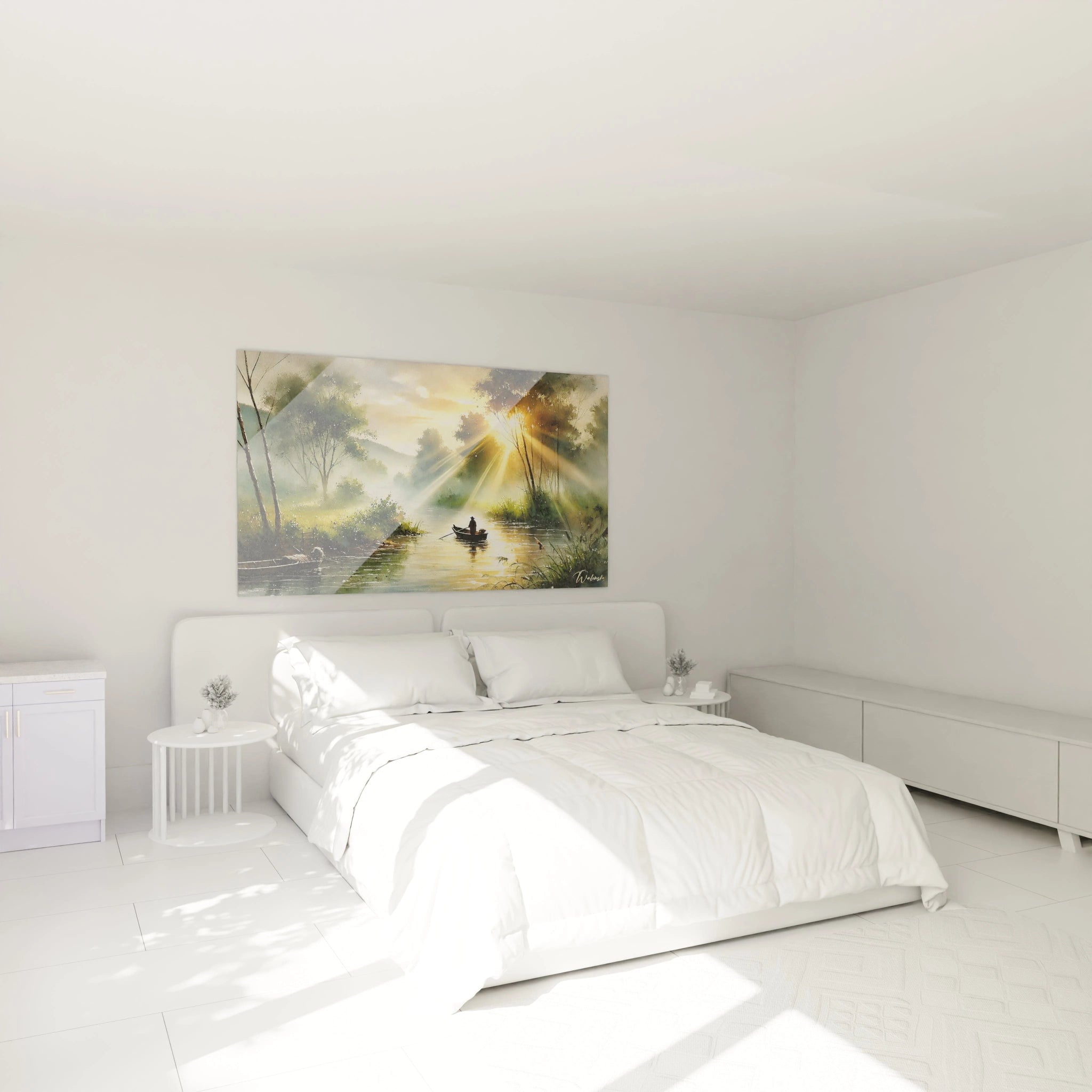 Ce tableau décoration paysagère transforme votre chambre en un havre de paix. Accroché au-dessus du lit, il invite à la contemplation et apporte une touche de nature relaxante.

