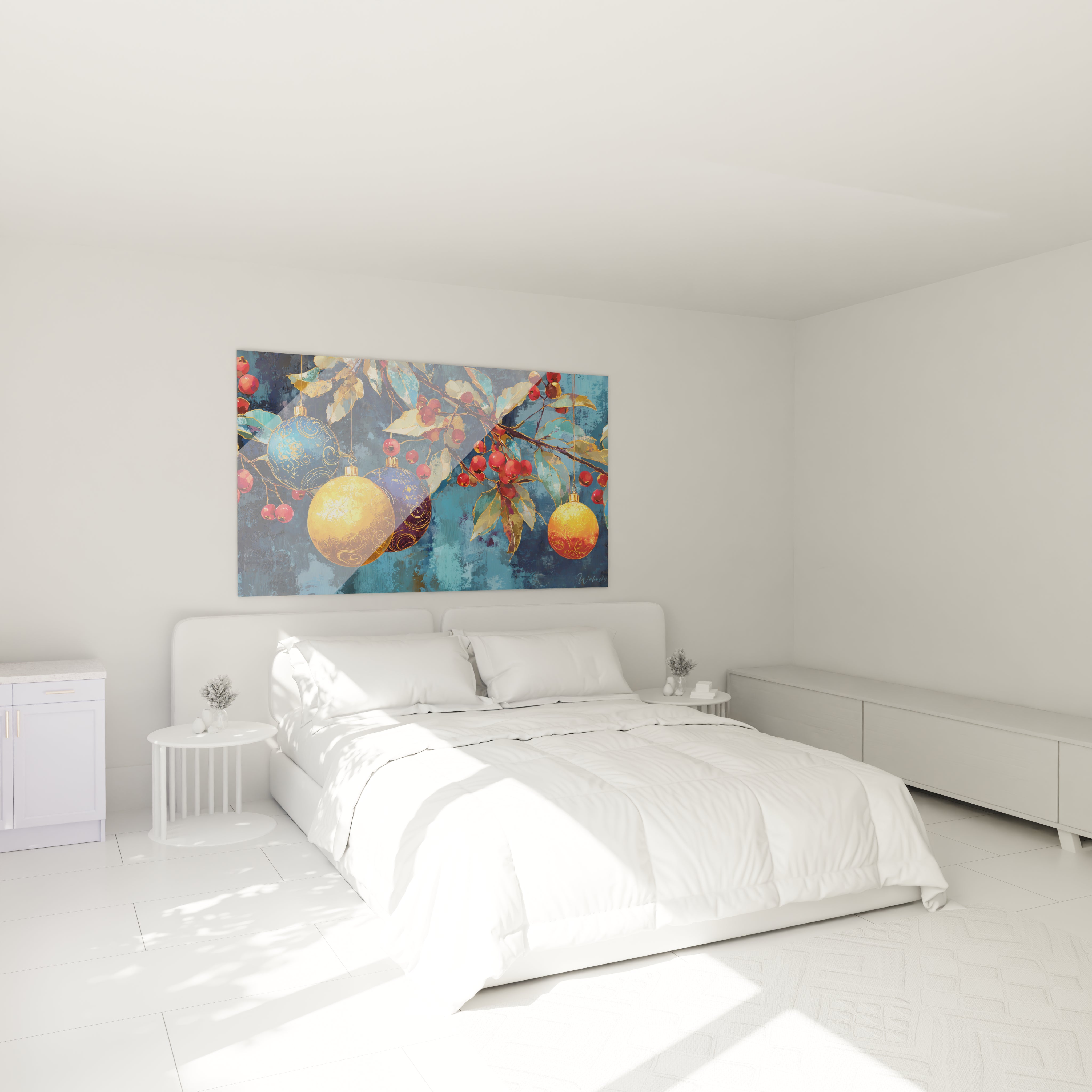Tableau décoratif boules de Noël avec des couleurs vives dans une chambre lumineuse