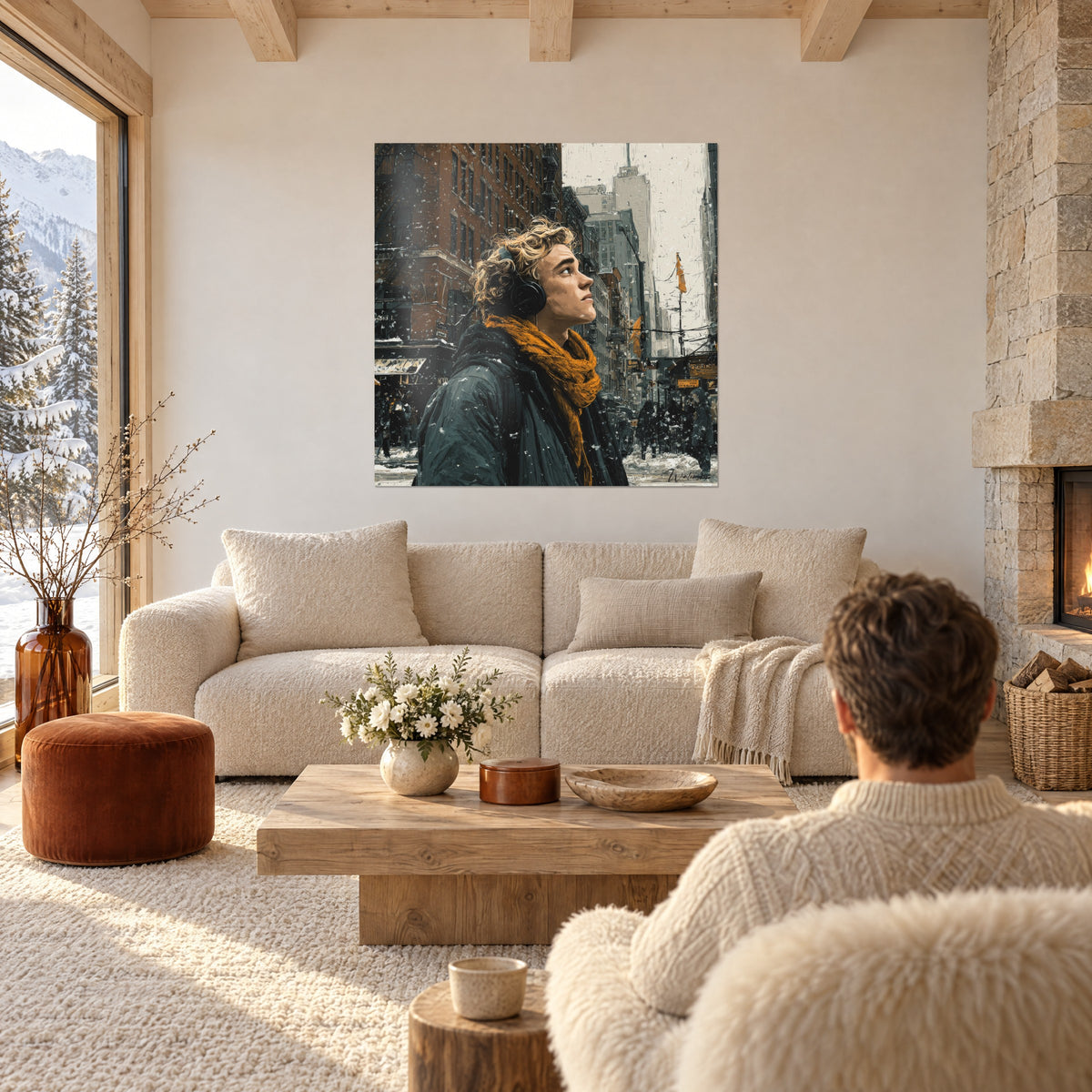 Cuadro retrato de perfil bajo la nieve, bufanda color mostaza y parka verde oscuro, encima de un sofá en un salón luminoso
