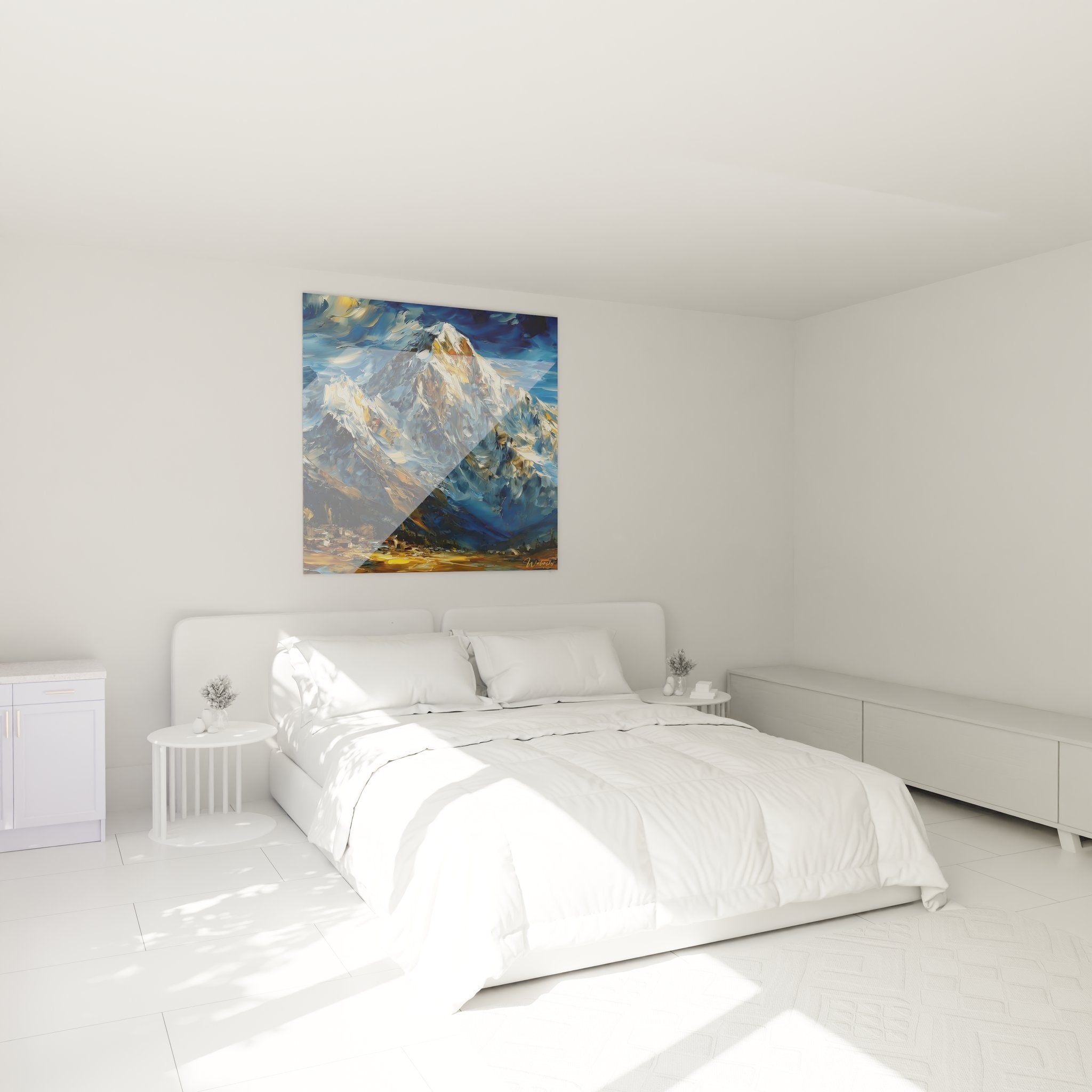 Tableau décoratif montagne dans chambre moderne, peinture sommets enneigés ambiance cosy